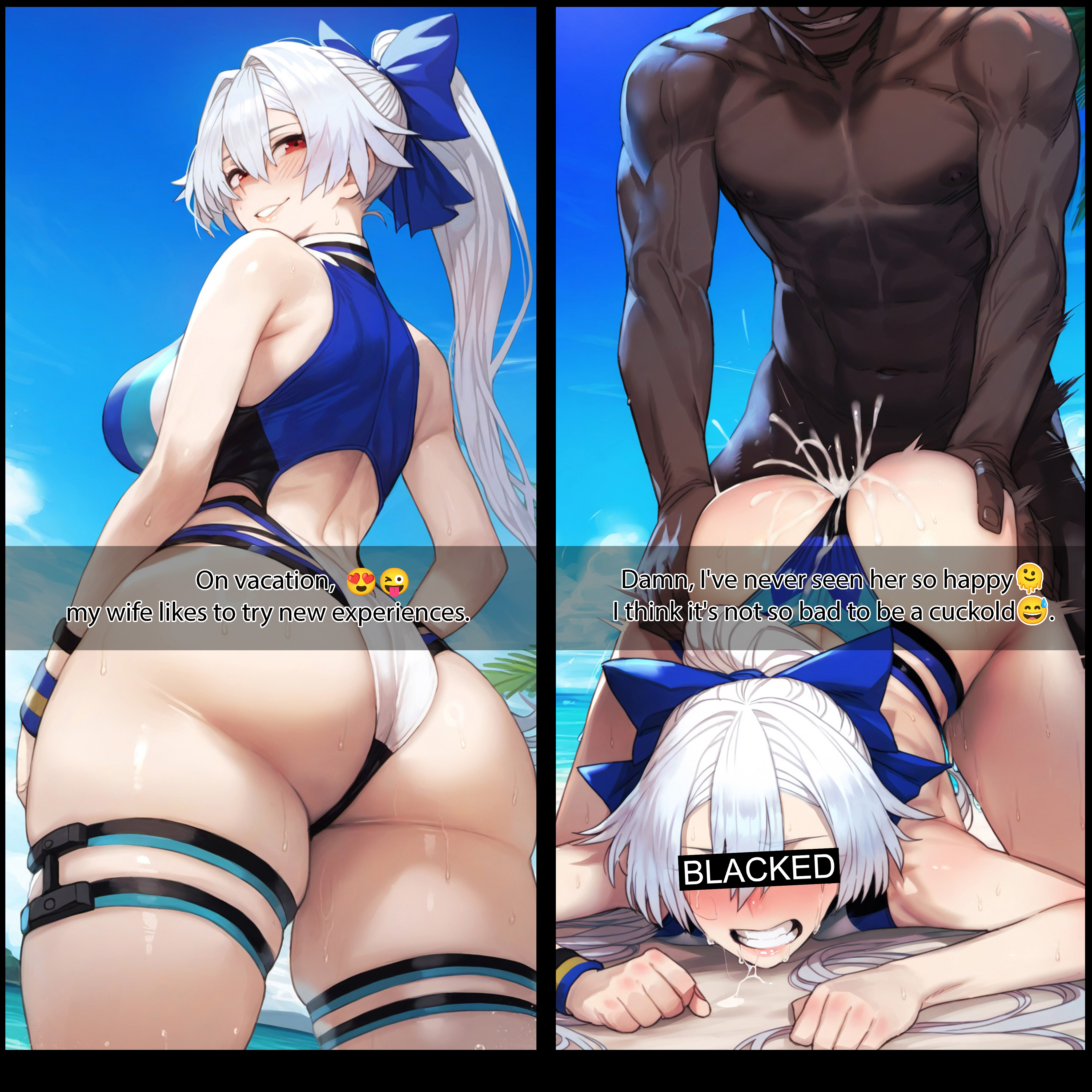 1-a dot, 1boy, 1girls, ai generated, ass, ass grab, beach, bikini, blacked, caption, cheating, cheating wife, cuck pov, cuckold, cum, cum inside, dark skin, dark-skinned male, english text, fate (series), fate/grand order, female, instant loss, instant loss 2koma, interracial, light skin, light-skinned female, male, netorare, ntr, paag, sex, sex from behind, straight, tomoe gozen (fate), tomoe gozen (swimsuit saber), vacation, white hair