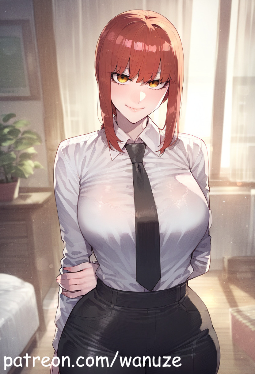 ai_generated big_ass big_breasts big_butt big_thighs blush chainsaw_man huge_ass huge_breasts huge_butt huge_thighs makima_(chainsaw_man) necktie red_hair standing vest wanuze wide_hips yellow_eyes