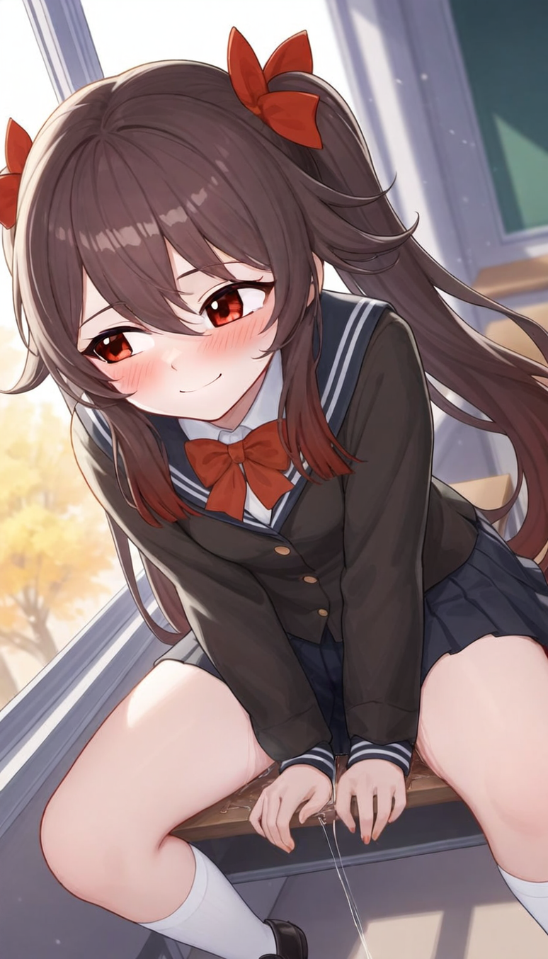 ai_assisted ai_generated blush brown_hair cookie-girl leaning_forward looking_away pussy_juice pussy_juice_puddle red_bow school_uniform sitting_on_chair smile