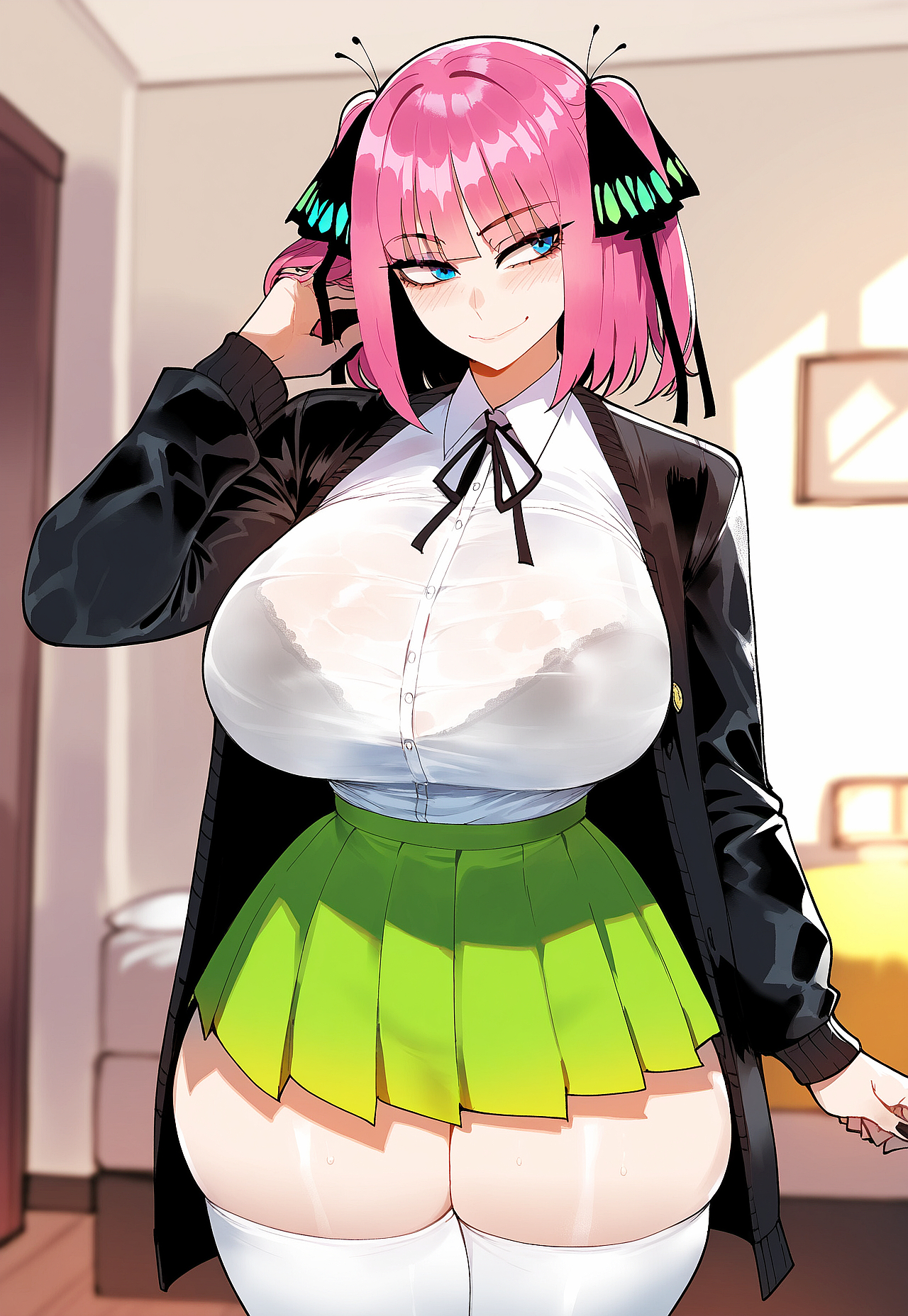 ai generated, ass, blue eyes, blush, bra, breasts, feet, female, go-toubun no hanayome, huge breasts, juuicyai, looking away, massive ass, massive breasts, nakano nino, pink hair, pov, sweat