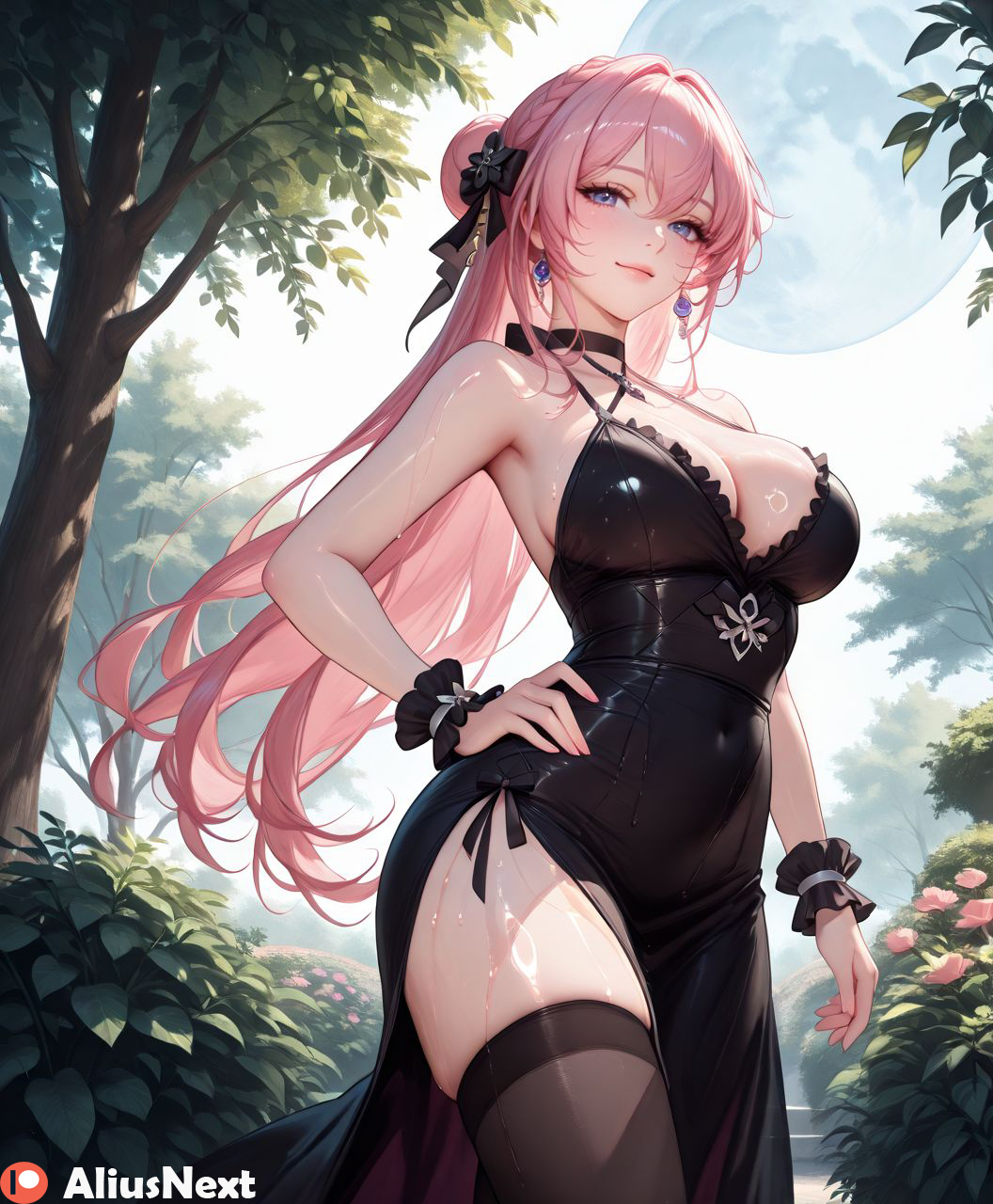 1girls ai_generated aliusnext ass big_ass big_breasts black_lingerie breasts dorothy_(nikke) female goddess_of_victory:_nikke hi_res high_quality highres legwear light-skinned_female light_skin long_hair moon moonlight pale-skinned_female pale_skin patreon pink_eyes pink_hair tagme thick thick_ass thick_thighs