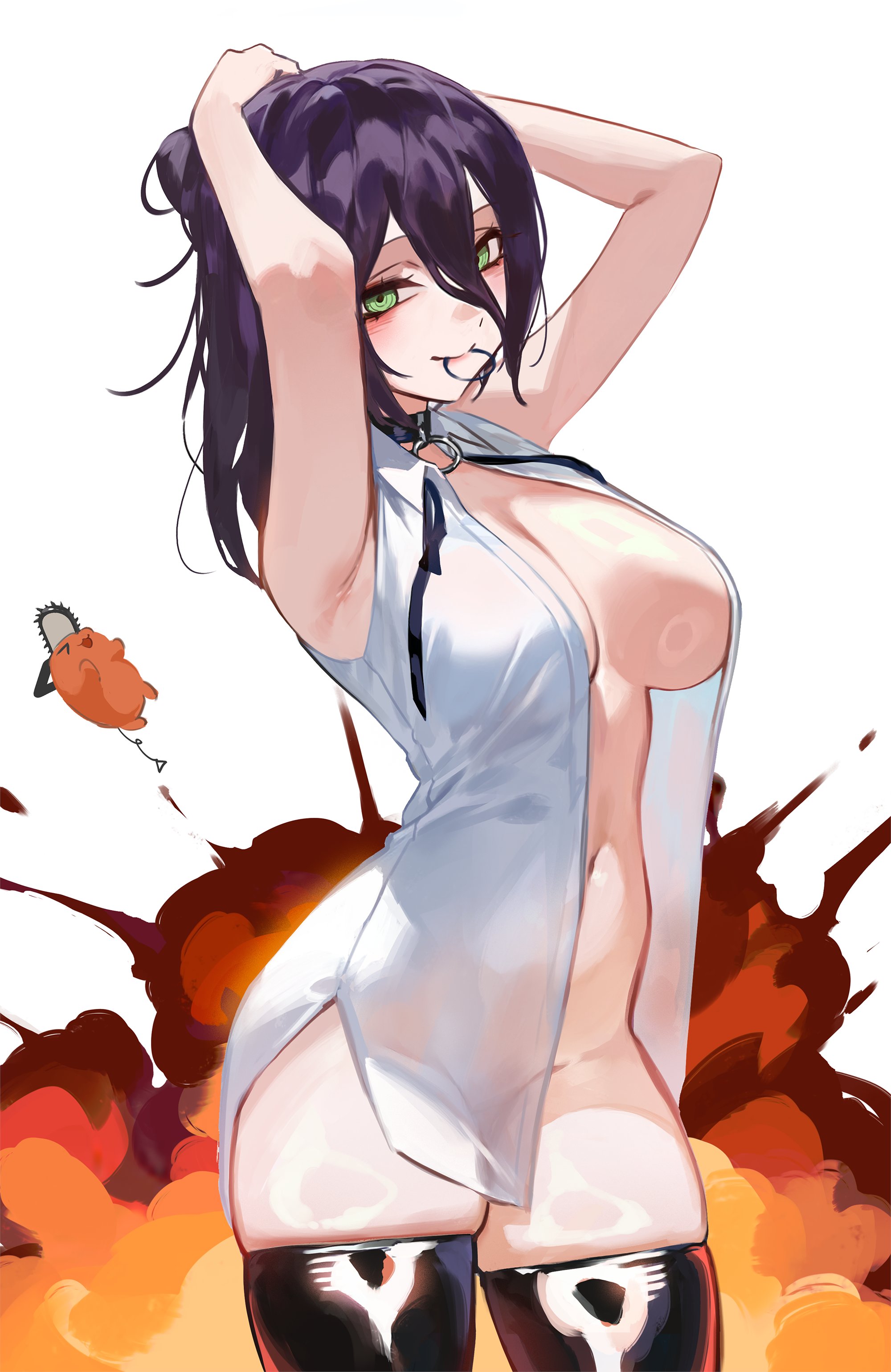 1girls, absurdres, adjusting hair, big breasts, black thighhighs, breasts, chainsaw man, commentary, explosion, explosion background, female, female only, foolish potato, green eyes, highres, huge breasts, large breasts, medium hair, navel, no bra, no panties, no pants, open clothes, open shirt, pochita (chainsaw man), purple hair, reze (chainsaw man), shirt, simple background, stomach, thick thighs, thighhighs, thighs, white background, white shirt