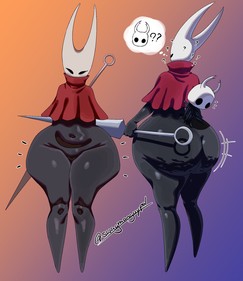 ?, 2d, back view, black body, black eyes, bottomless female, bug, cellulite, front view, hollow knight, hollow knight: silksong, hornet (hollow knight), horns, huge ass, insect girl, insects, no pants, red clothing, small breasts, small male, swagmanguypal, sword, tall female, team cherry, the knight (hollow knight), thick thighs, vessel (species), white head, wide hips