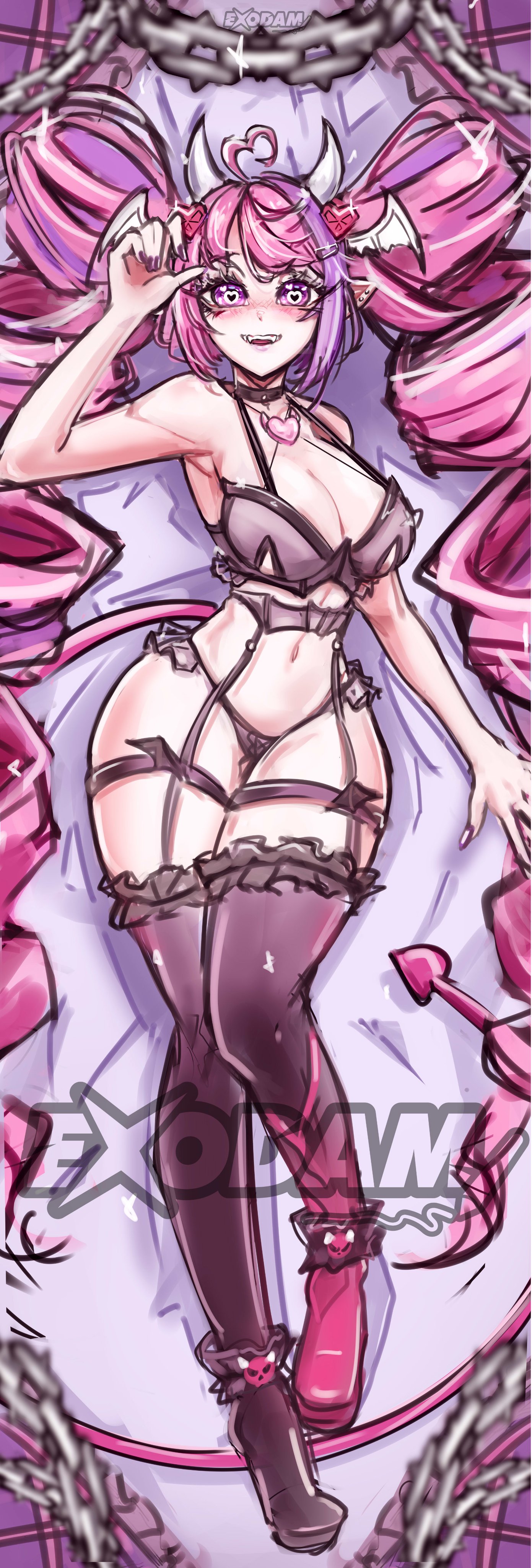 absurdres, ahoge, armpits, big breasts, breasts, breedable hips, chains, choker, cleavage, demon girl, demon horns, demon tail, demon wings, exodamartworks, female, hair ornament, head wings, heart, heart ahoge, heart hair ornament, highres, hips, horns, indie virtual youtuber, ironmouse, large breasts, latina, legs, lingerie, panties, pink hair, purple hair, tail, thighhighs, thighs, tits, underwear, virtual youtuber, vshojo, wide hips, wings