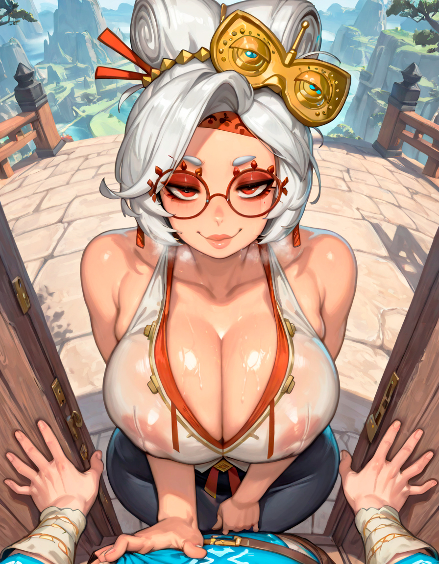 ai generated, big ass, big breasts, breath of the wild, chubby, confident, curvy, curvy body, curvy female, curvy figure, curvy hips, dominant, dominant female, female, glasses, hag, hand on viewer, huge breasts, link, male, mature female, milf, mommy, nintendo, pov, pov eye contact, proud, purah, purah (tears of the kingdom), red eyes, revealing clothes, scientist, size difference, smug, smug face, starlightnex, sweat, tan body, tears of the kingdom, the legend of zelda, thick, thick ass, thick hips, thick legs, thick lips, thick thighs, thigh highs, thighs, wet clothes, wet skin, white hair