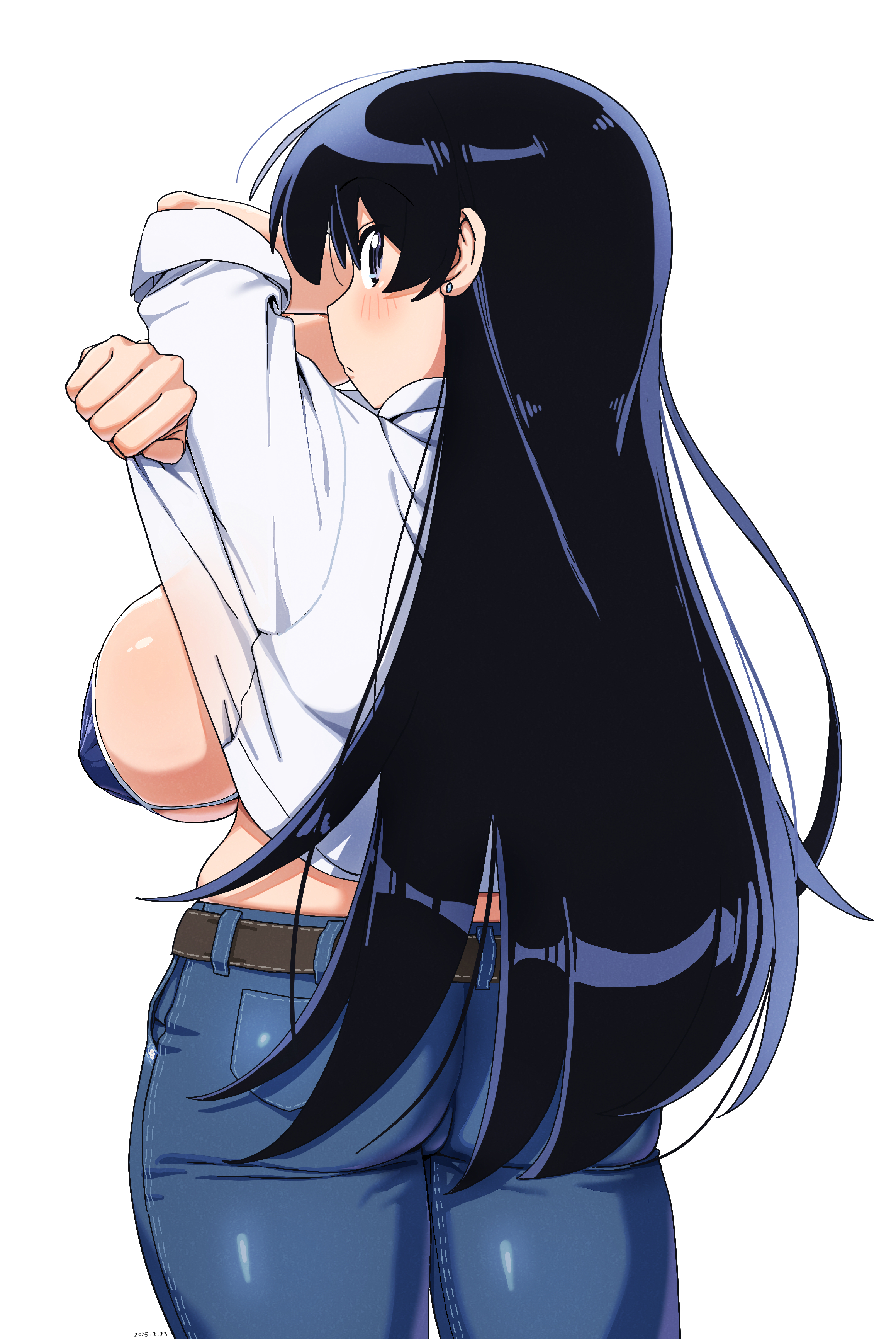absurdres, arato nagi, ass, backboob, belt, bikini, bikini under clothes, black bikini, black hair, blue eyes, blue pants, blush, breasts, closed mouth, clothes lift, denim, earrings, female, female only, from behind, highres, huge breasts, jeans, jewelry, lifting own clothes, long hair, looking at viewer, looking back, pants, ruri no houseki, shirt, shirt lift, simple background, solo, standing, stud earrings, swimsuit, undressing, very long hair, white background, white shirt, ylong