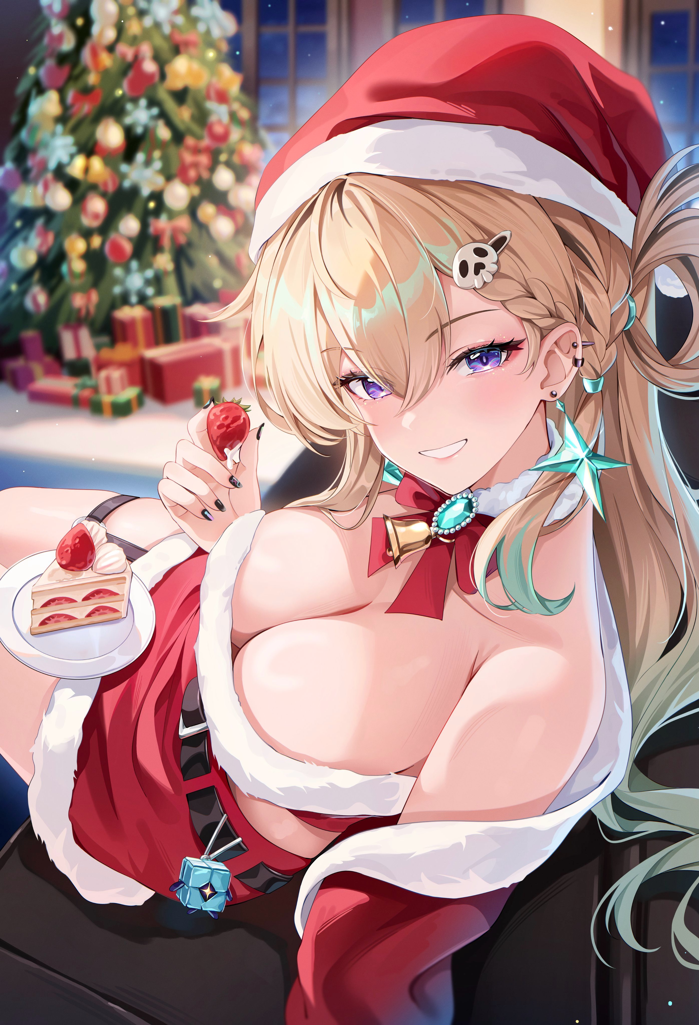1girls, artist request, blonde female, blonde hair, blonde-haired female, blue eyes, breasts, christmas clothing, christmas outfit, exposed breasts, female, female only, long hair, lynae (wuthering waves), santa hat, wuthering waves