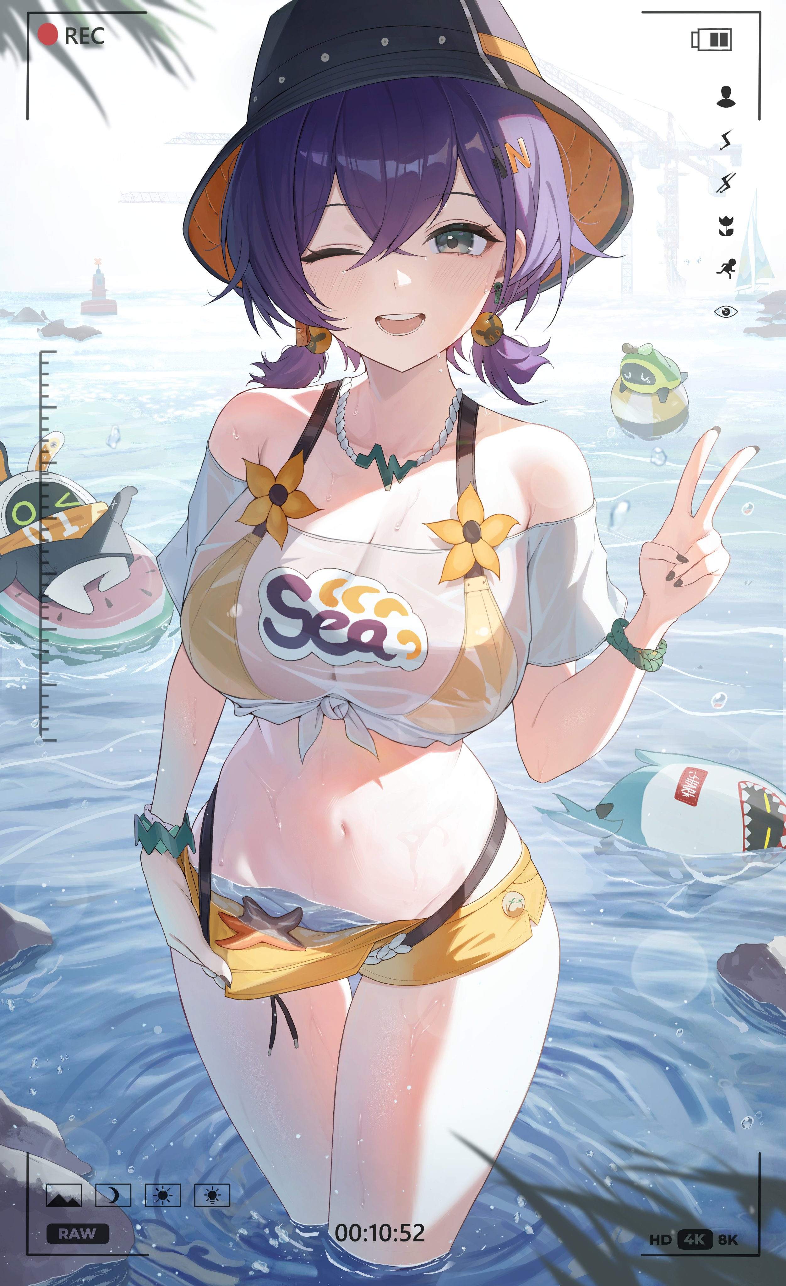 1girls, belle (summer skies) (zenless zone zero), belle (zenless zone zero), blush, breasts, bucket hat, female, female focus, female only, highres, large breasts, light skin, light-skinned female, looking at viewer, official alternate costume, open mouth, see-through, short twintails, simple background, solo, swimsuit, thick thighs, thighs, twintails, unneonal, wide hips, zenless zone zero
