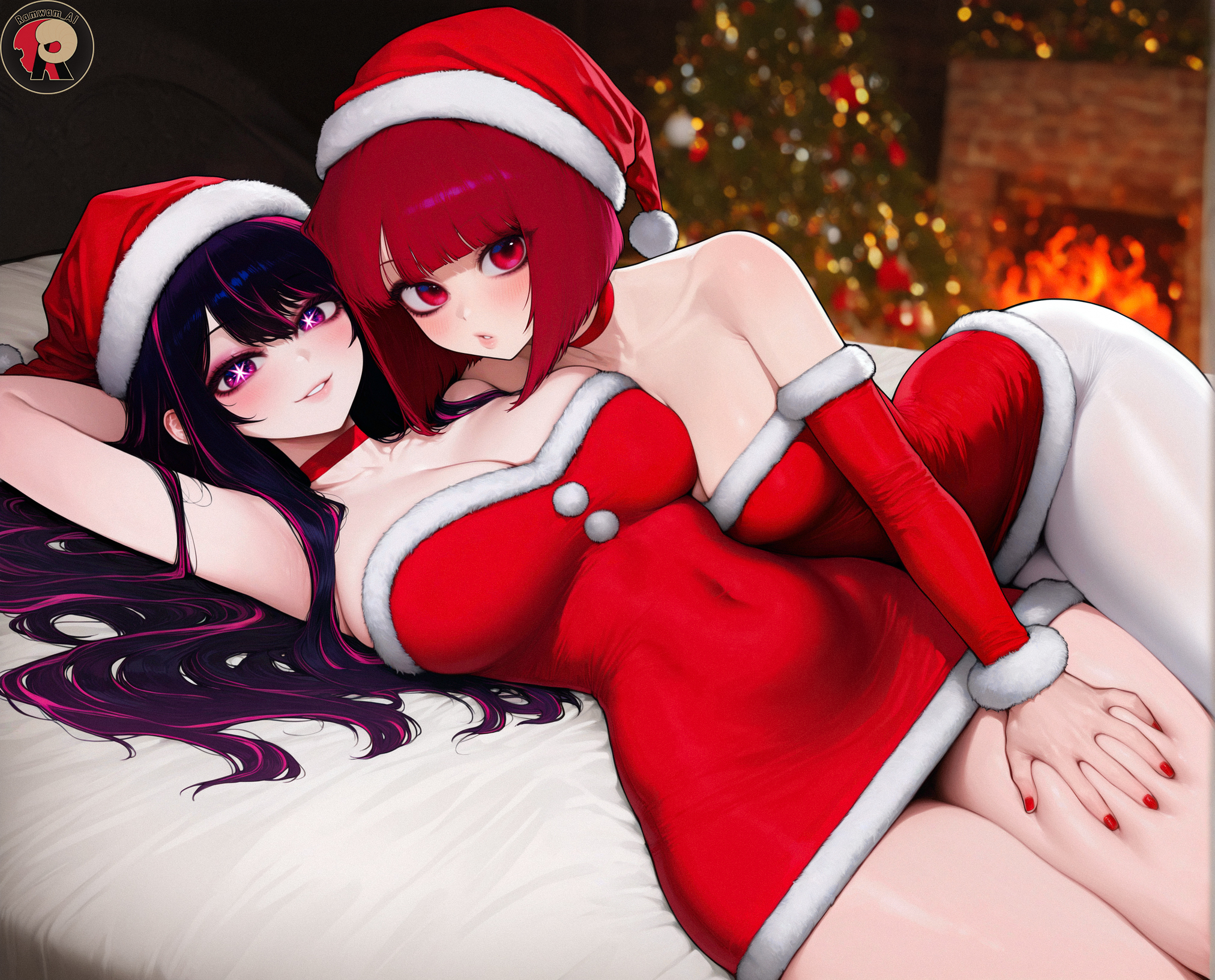 2girls, ai generated, arima kana, black hair, blush, breasts, choker, christmas, christmas ornaments, christmas tree, cleavage, dress, fur trim, hat, hoshino ai, large breasts, long hair, looking at viewer, lying, multiple girls, nail polish, on side, oshi no ko, pantyhose, parted lips, purple eyes, ramwam, red eyes, red hair, santa costume, santa hat, short hair, smile, yuri