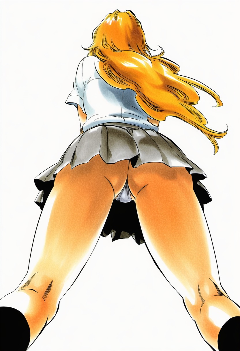 accurate art style, accurate body type, ai generated, ass, back view, black socks, bleach, blonde hair, blue eyes, clothing, curvaceous, curvy, digital media (artwork), fanart, female, female focus, female only, from behind, from below, grey skirt, highres, kneehighs, kneepits, legs, light skin, light-skinned female, long hair, marker (medium), matsumoto rangiku, miniskirt, orange hair, panties, pantsu, pantyshot, pleated skirt, school uniform, schoolgirl, shiny hair, shiny skin, shirt, simple background, skirt, socks, solo, solo female, solo focus, standing, thighs, thong, tite kubo style, underwear, uniform, upskirt, viewed from behind, white background, white panties, ㅇㅇ