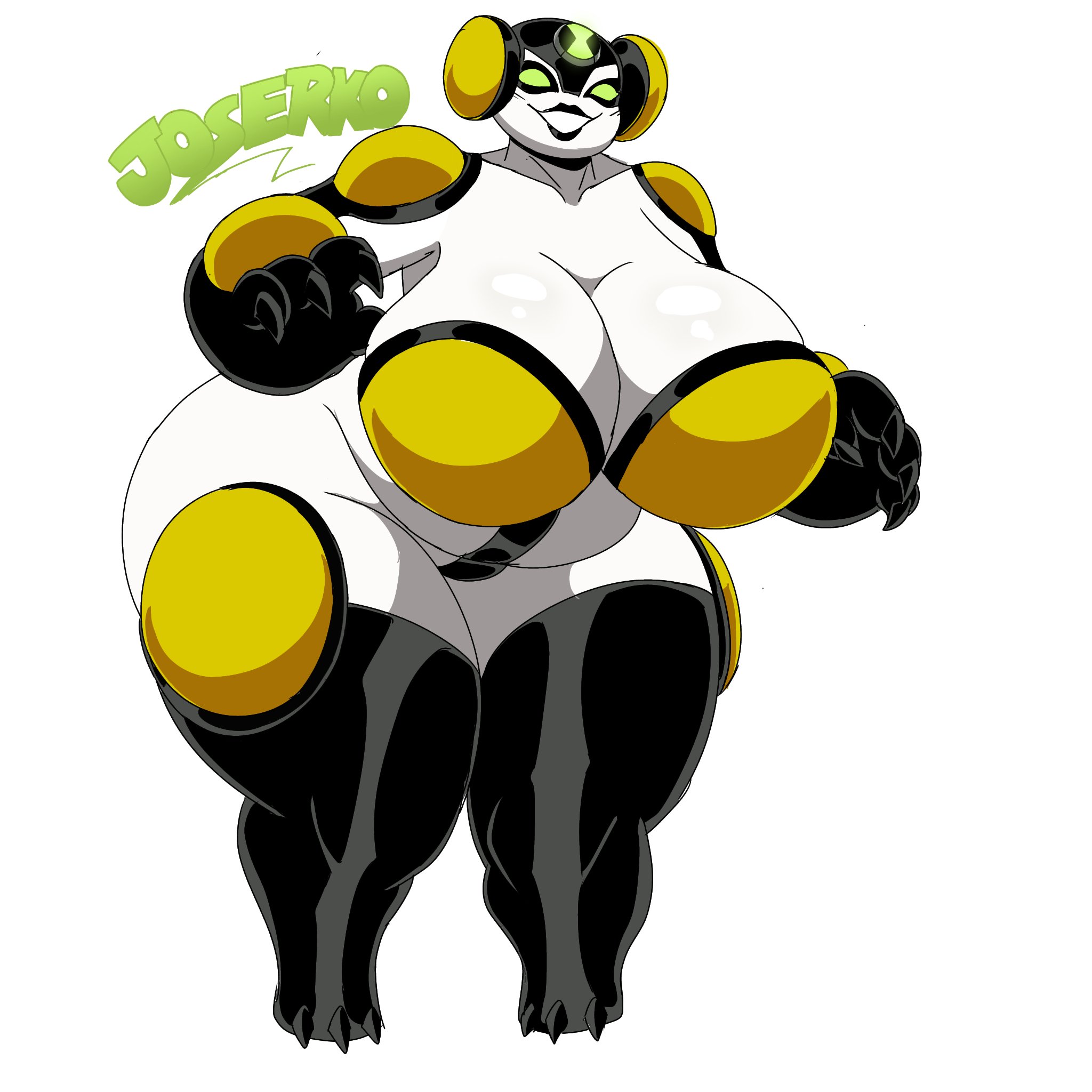 1female, 1girls, alien, alien girl, alien humanoid, arburian pelarota, artist name, bbw, ben 10, big breasts, black lipstick, breasts, breasts bigger than head, cannonbolt, cleavage, deep cleavage, female, female only, green eyes, huge breasts, joserko, large breasts, massive breasts, no pupils, pinup, rule 63, simple background, smiling, smiling at viewer, solo, solo female, thick, thick thighs, thighs, white background