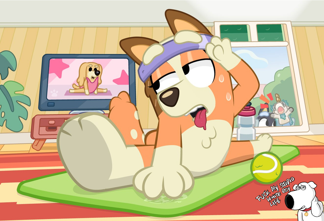 2d, 2d (artwork), 2d artwork, accurate art style, ass, ball, bandit heeler, bluey (series), breasts, brian griffin, chilli heeler, dm92, family guy, female, hair, house, indoors, judacris, lips, split, sweat, sweaty, sweaty body, tail, teeth, tongue, tongue out, tv, wiping, wiping sweat