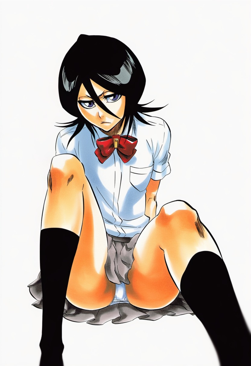 1girls, accurate art style, accurate body type, ai generated, annoyed, arms at sides, bent knees, black hair, black legwear, black socks, bleach, bob cut, bow, bowtie, cel shading, clothing, collared shirt, feet out of frame, female, female focus, female only, flat chest, foreshortening, front view, frown, grey skirt, hair between eyes, hair flaps, high resolution, highres, knee socks, kneehighs, knees up, kuchiki rukia, large filesize, light skin, light-skinned female, line art, long legs, looking at viewer, low-angle view, m legs, manga style, narrowed eyes, neck ribbon, necktie, panties, pantsu, pantyshot, petite, pleated skirt, pocket, purple eyes, red bow, red bowtie, red neckwear, ribbon, school uniform, schoolgirl, scowl, serious, shiny hair, shiny skin, shirt, short hair, short sleeves, simple background, sitting, sitting on ground, skirt, slender waist, socks, solo, solo female, solo focus, spread legs, thighs, tite kubo style, underwear, v-shaped eyebrows, warm colors, warm lighting, white background, white panties, white shirt, ㅇㅇ