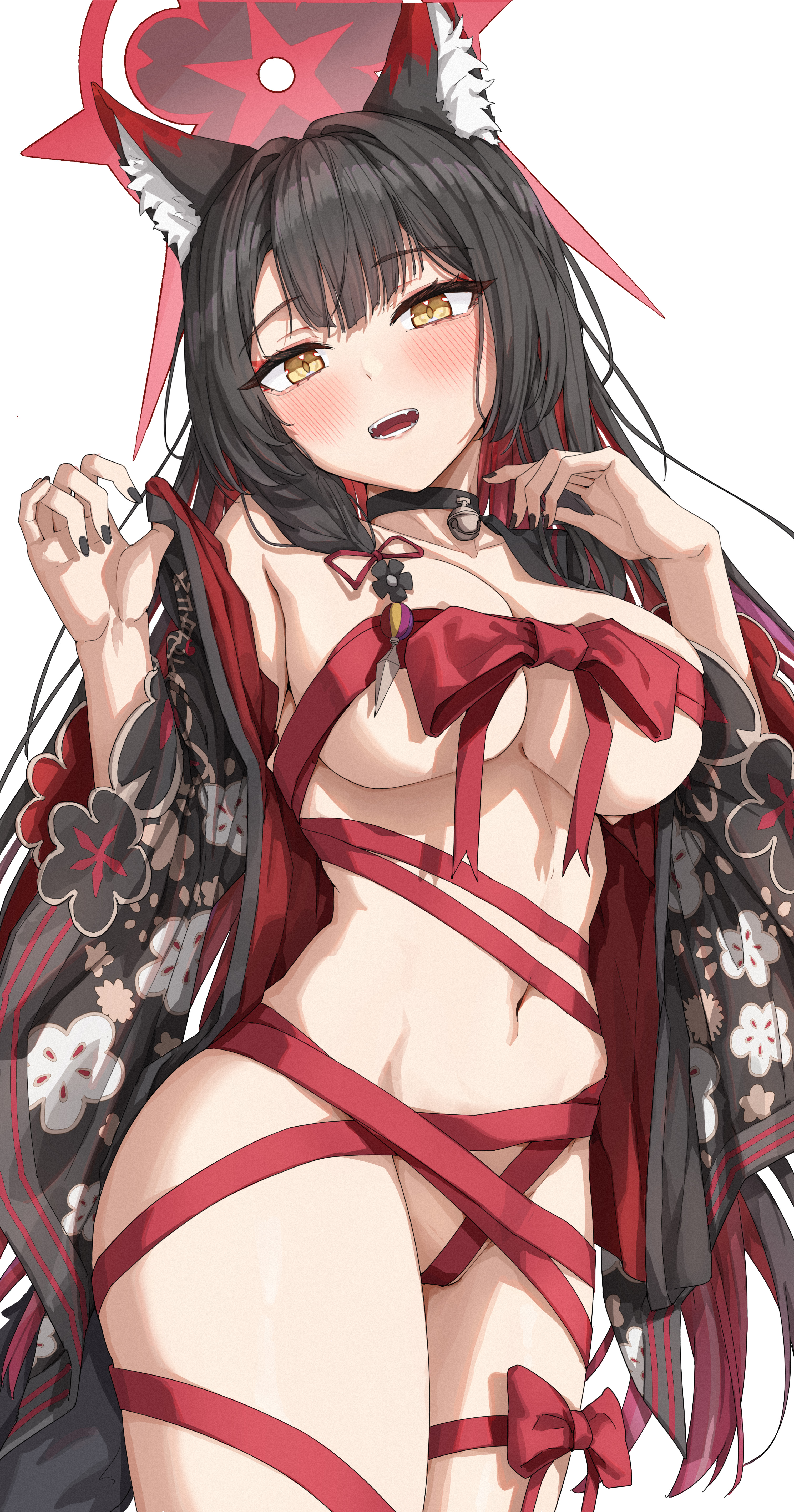 absurdres, animal ear fluff, animal ears, bell, black choker, black hair, black nails, blue archive, blush, breasts, choker, cleavage, colored inner hair, female, floral print, fox ears, fox girl, fox tail, halo, highres, large breasts, long hair, looking at viewer, mimma ring (nobuyueli), multicolored hair, nail polish, naked ribbon, navel, neck bell, open clothes, open mouth, red hair, red halo, red ribbon, ribbon, seven prisoners (blue archive), simple background, solo, stomach, tail, wakamo (blue archive), white background, yellow eyes