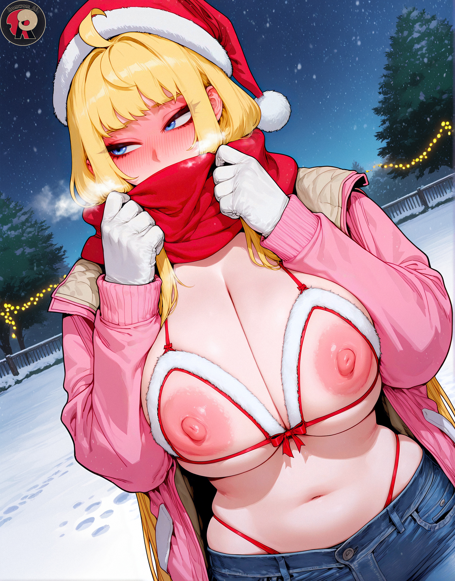 1girls, ahoge, ai generated, areolae, bangs, big breasts, bikini, blonde hair, blue eyes, blush, breasts, christmas, cleavage, denim, dosanko gal wa namara menkoi, eyebrows visible through hair, female, fuyuki minami, gloves, hat, huge breasts, navel, night, night sky, nipples, outdoors, pants, ramwam, scarf, sky, solo, swimsuit