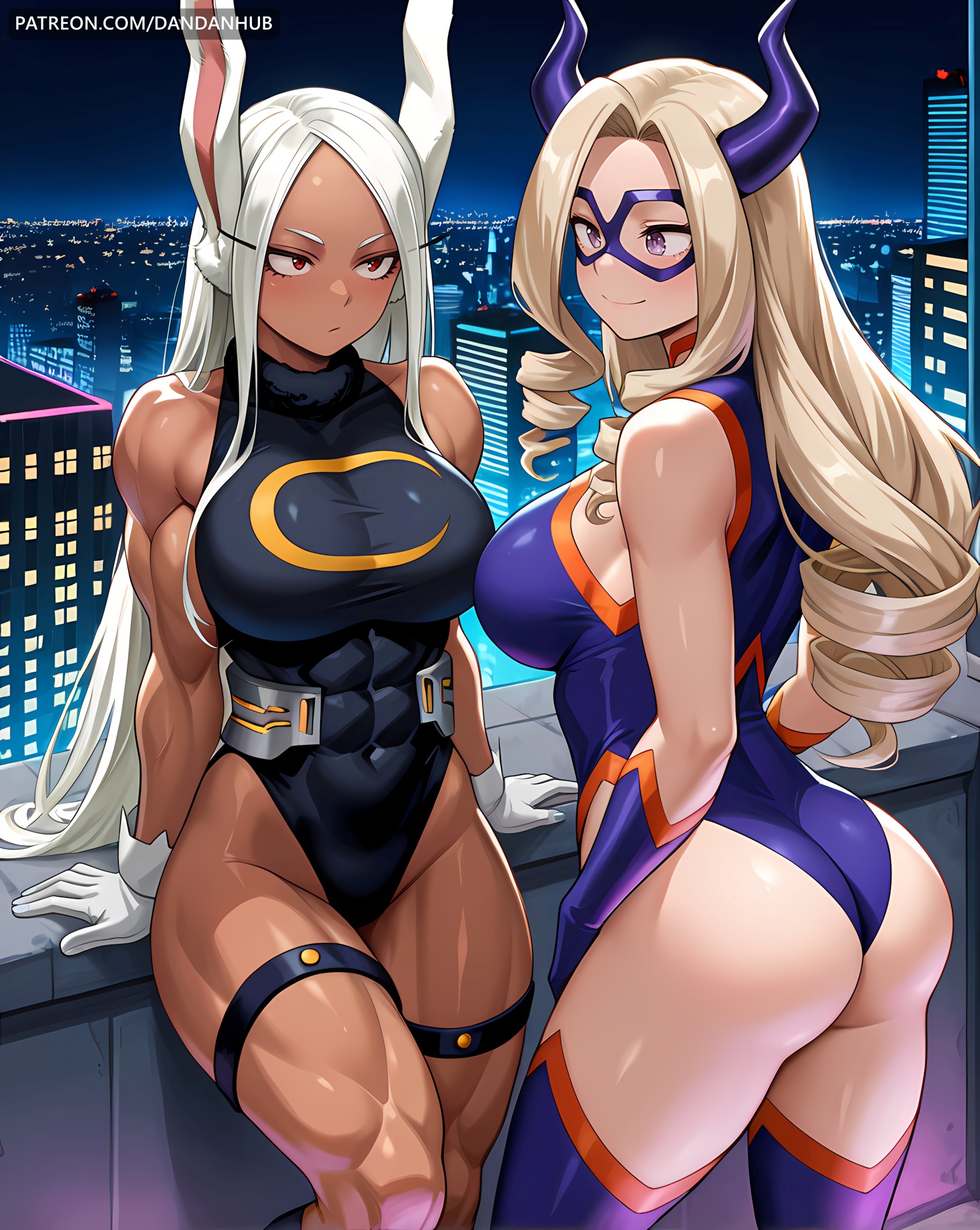 2girls, abs, ai generated, animal ears, ass, bangs, bare shoulders, blonde hair, blush, boku no hero academia, breasts, city, cityscape, covered navel, dandanhub, dark skin, dark-skinned female, drill hair, female, female only, gloves, highleg, highleg leotard, horns, large breasts, leotard, long hair, looking at another, mask, mirko, miruko, mount lady, multiple girls, muscular, muscular female, my hero academia, night, parted bangs, purple eyes, rabbit ears, rabbit girl, red eyes, rumi usagiyama, sitting, sleeveless, sleeveless turtleneck, sleeveless turtleneck leotard, smile, superhero, takeyama yuu, thighhighs, thighs, turtleneck, turtleneck leotard, usagiyama rumi, white gloves, white hair, yuu takeyama