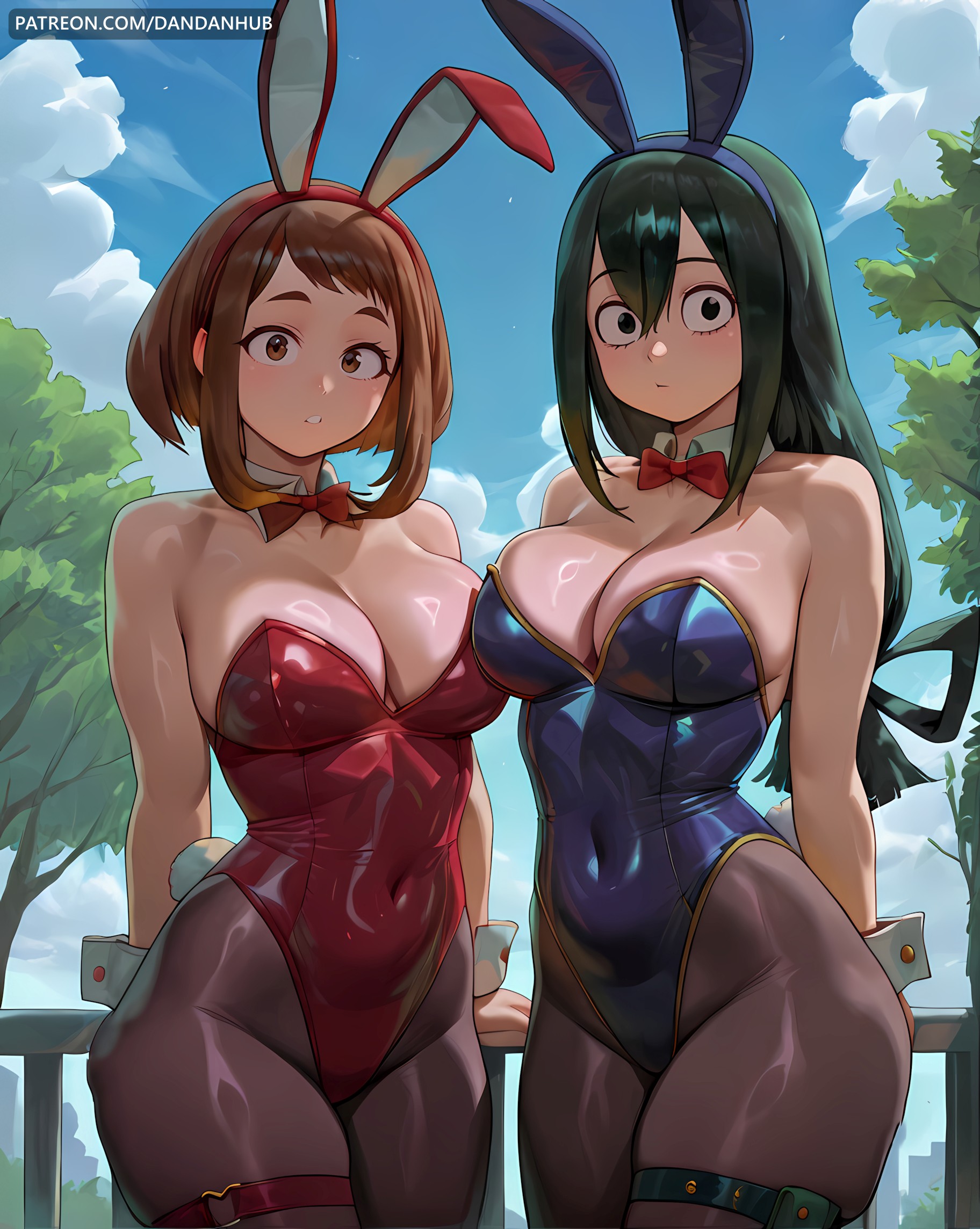 2girls, ai generated, animal ears, asui tsuyu, bangs, bare shoulders, black eyes, blue leotard, blue sky, boku no hero academia, bow, bowtie, breasts, brown eyes, brown hair, brown-haired female, cleavage, cloud, covered navel, dandanhub, day, detached collar, fake animal ears, female, female only, froppy, green hair, green-haired female, hair between eyes, hair rings, highleg, highleg leotard, large breasts, leotard, long hair, looking at viewer, multiple girls, my hero academia, ochako uraraka, outdoors, pantyhose, rabbit ears, rabbit tail, red bow, red bowtie, red leotard, short hair, sky, strapless, tail, thigh strap, tree, tsuyu asui, uraraka ochako, uravity, wrist cuffs