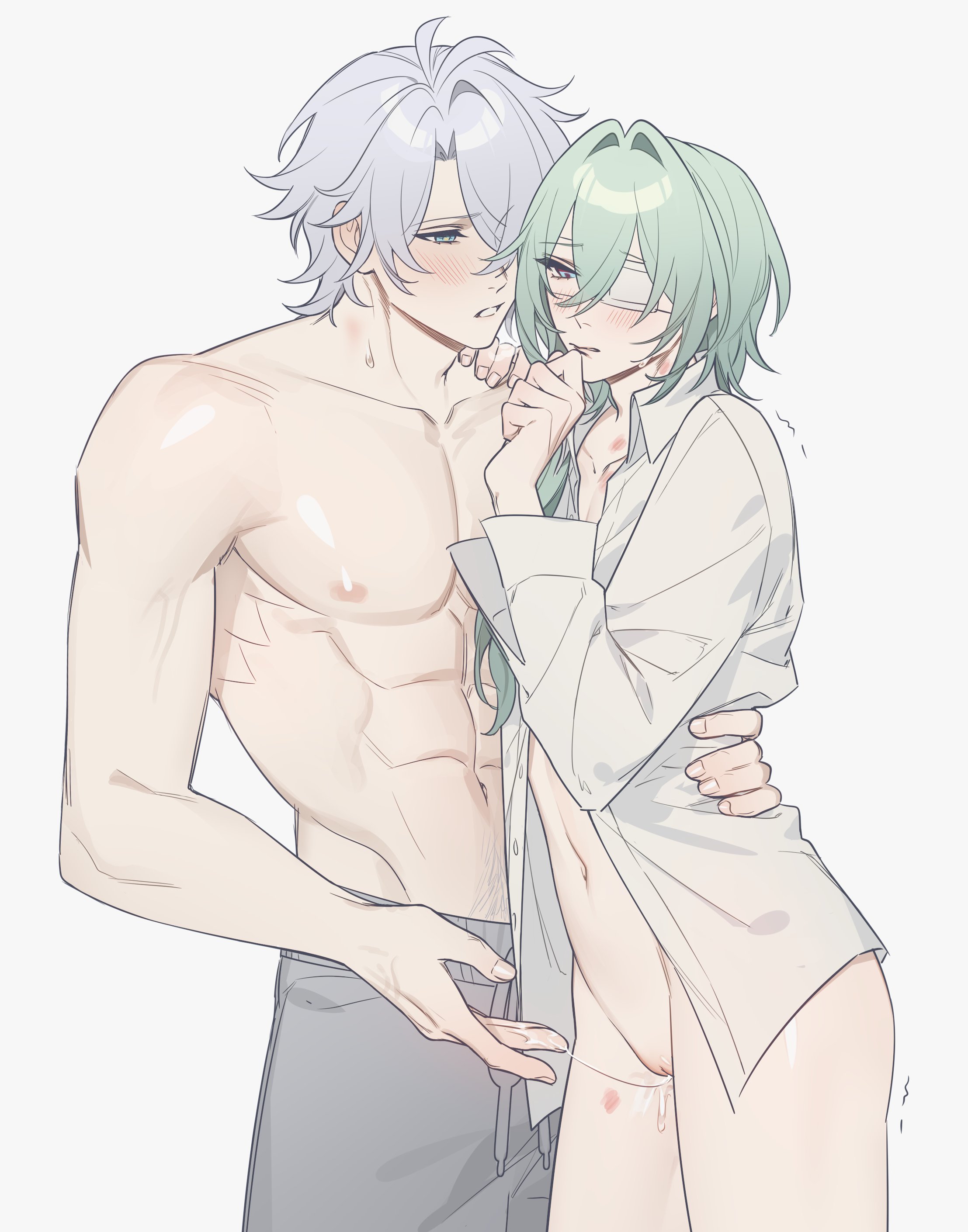 2boys, anaxa (honkai: star rail), boypussy, cuntboy, fingering, gay, hickey, holding waist, honkai: star rail, male, male only, male/male, muscular, phainon (honkai: star rail), pussy juice, pussy juice drip, trans man, trembling, vaginal masturbation, yaoi