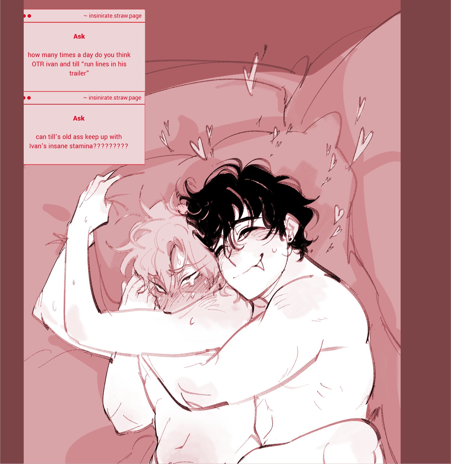 alien stage, anal, anal sex, aroused, bed, belly bulge, black hair, blush, blush lines, blushing, climax, climaxing, closed eyes, closed eyes smile, covered face, crying, crying while penetrated, crying with eyes open, ear piercing, earrings, gay, gay male, gay sex, grabbing, grabbing sheets, grey hair, hugging, hugging another, hugging from behind, in bed, insiniroar, ivan (alien stage), male, male only, muscular, muscular male, out of frame, pillow, pleasure, pleasure face, pleasured, smile, smiling, till (alien stage), yaoi