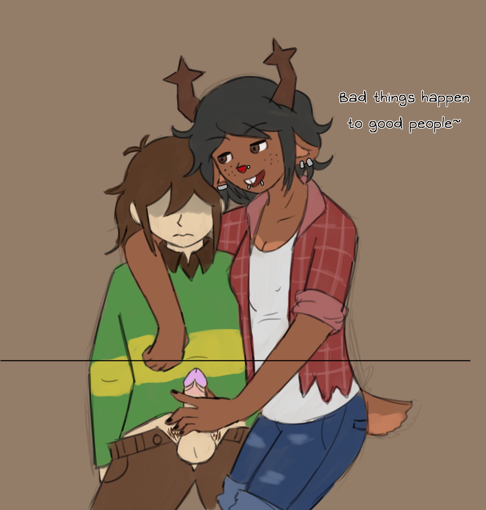 1girls, 1other, age difference, amab, anthro, breasts, cleavage, deltarune, deltarune chapter 1, dess holiday, exalteduriel, female, fur, furry, hand on penis, handjob, haruanonalex, kris (deltarune), nonbinary, nonbinary (lore), penis, questionable consent, toby fox, undertale (series)