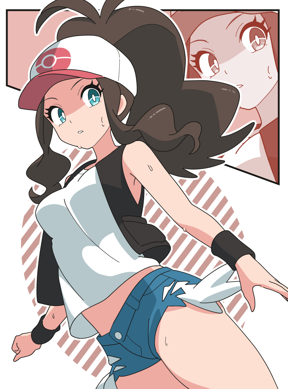 bare shoulders, black vest, blue eyes, breasts, brown hair, commentary request, cutoffs, denim, denim shorts, exposed pocket, female, female focus, female only, fully clothed, hat, high ponytail, highres, hilda (pokemon), kanbei (pixiv11037490), long hair, looking at viewer, medium breasts, nintendo, open clothes, open vest, parted lips, pokemon, pokemon bw, ponytail, sfw, shirt, short shorts, shorts, sidelocks, sleeveless, sleeveless shirt, sweat, vest, white shirt, wristband