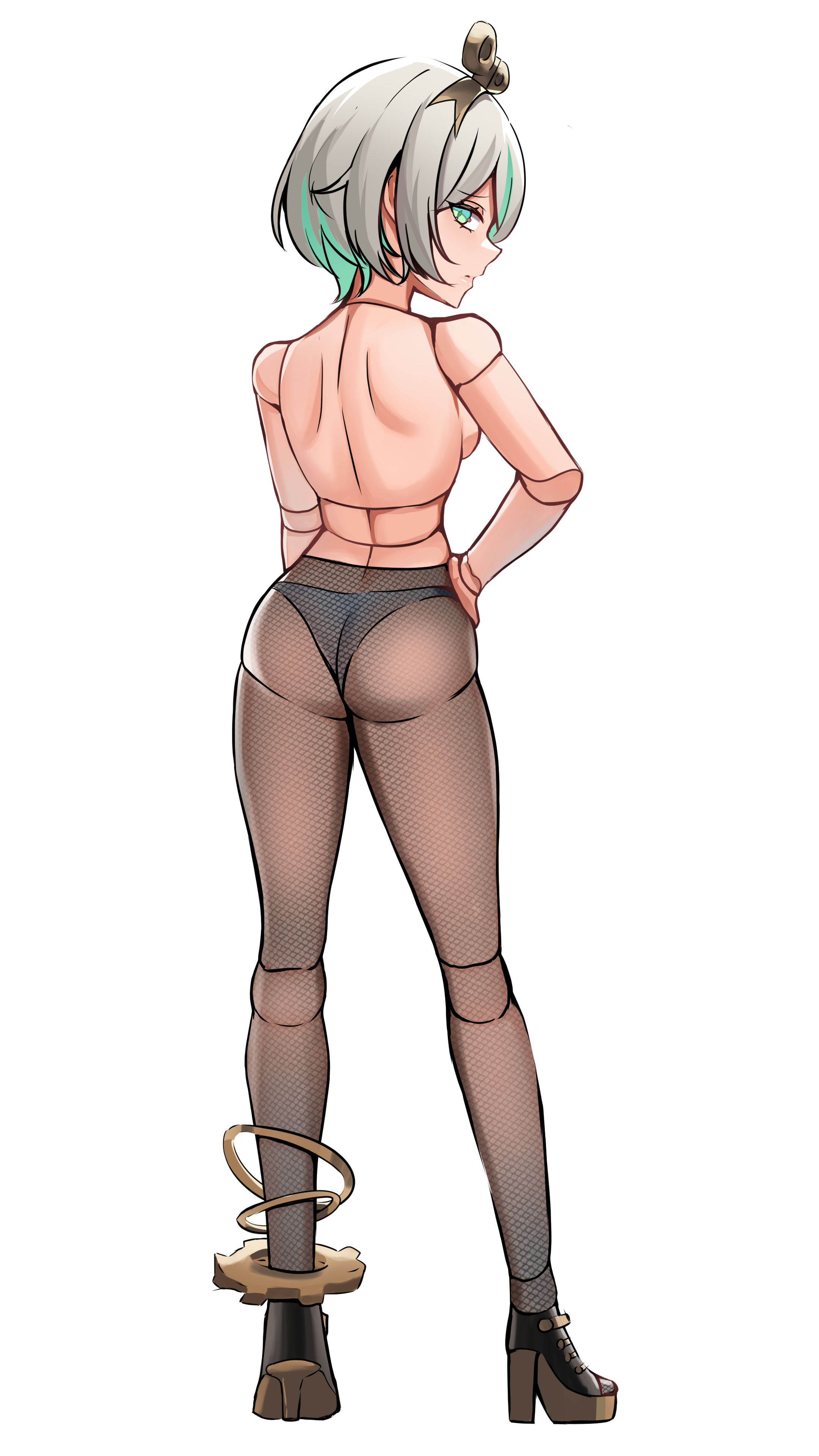 1girls, anklewear, ass, automaton, back view, black legwear, black panties, breasts, cecilia immergreen, doll joints, female, female only, fishnet, fishnet pantyhose, green eyes, green highlights, heels, hi res, highres, hololive, hololive english, hololive english -justice-, legwear, light green hair, looking at viewer, looking back, medium breasts, panpan (4kun), pantyhose, pinup, sexy, short hair, sideboob, simple background, topless, two-tone hair, virtual youtuber, vtuber, white background, winding key