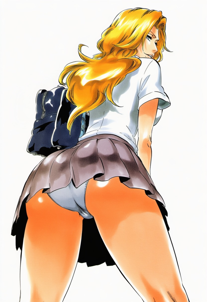 1girls, accurate art style, accurate body type, ai generated, ass, back view, bag, big breasts, bleach, blonde hair, blue eyes, breasts, busty, clavicle, cleavage, clothing, collarbone, curvaceous, curvy, digital media (artwork), fanart, female, female focus, female only, from behind, from below, grey skirt, highres, jewelry, kneepits, large breasts, light skin, light-skinned female, long hair, looking at viewer, looking back, marker (medium), matsumoto rangiku, miniskirt, mole, mole under mouth, orange hair, panties, pantsu, pantyshot, parted lips, pleated skirt, school bag, school uniform, schoolgirl, shiny hair, shiny skin, shirt, sideboob, simple background, skirt, smile, solo, solo female, solo focus, standing, thighs, tite kubo style, underwear, uniform, upskirt, viewed from behind, voluptuous, white background, white panties, ㅇㅇ