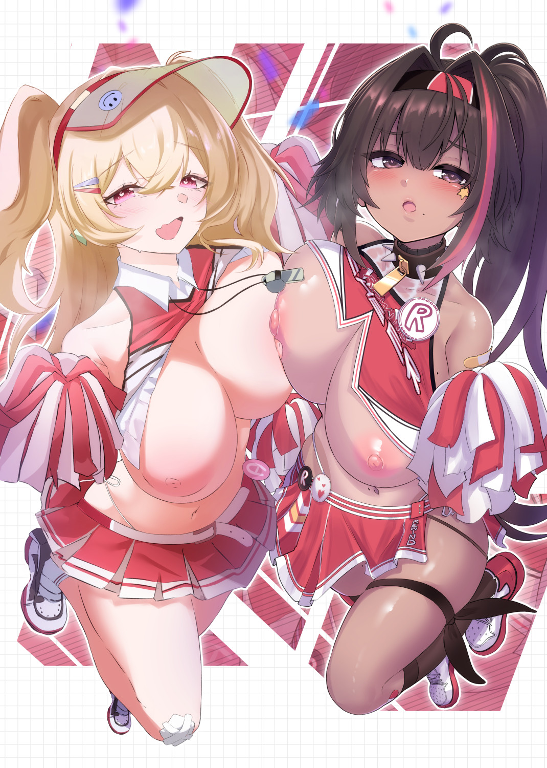 2girls, artist collaboration, asymmetrical docking, bay (nikke), black hair, blonde hair, breast press, breasts, cheerleader, clay (nikke), collar, crop top, dark skin, dark-skinned female, goddess of victory: nikke, hair intakes, highres, kazukoto, large breasts, light skin, light-skinned female, long hair, looking at viewer, mimiryuki, miniskirt, mole, mole under mouth, multicolored hair, multiple girls, navel, open mouth, pom poms, ponytail, red eyes, red skirt, rewind (nikke), skindentation, skirt, sneakers, spiked collar, spikes, streaked hair, tanline, visor cap, whistle, yuri