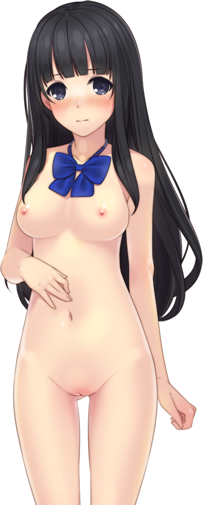 ama_mitsuki black_hair blush bow breasts circle_4h hime_cut long_hair navel neck_ribbon nipples nude shinomiya_sumire shitou_(4h) simple_background transparent_background uncensored zenra_toukou_shuukan_jikkouiinkai