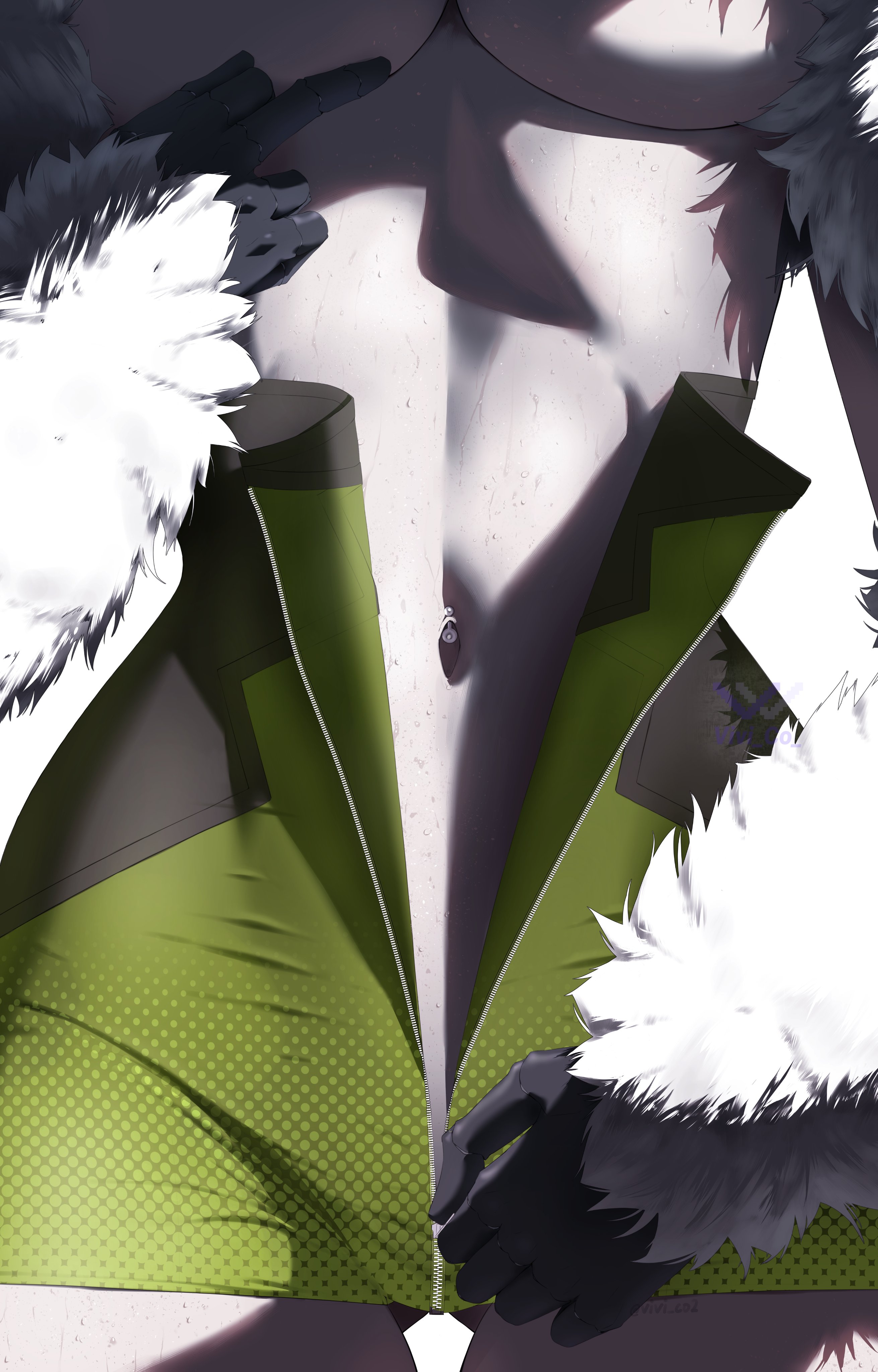 1girls, absurdres, arthropod girl, big breasts, breasts, bug girl, butt fang, close-up, colored skin, female, fur trim, grey skin, highres, indie virtual youtuber, juniper (egocider), juniper actias, large breasts, midriff, monster girl, moth girl, navel, piercing, sexy, stomach, sweat, teasing, thighs, tits, tummy, underboob, undressing, unzipping, virtual youtuber, vivi co, vtuber, zipper