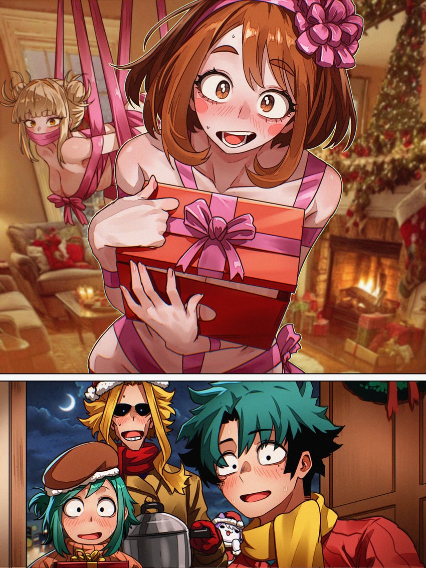 2boys, 3girls, all might, blonde hair, blonde-haired female, blonde-haired male, boku no hero academia, boku no hero academia (finale), bondage, boobs, breasts, breasts in box, brown hair, brown-haired female, christmas, curvy, curvy figure, deku, gift, gift wrapped, green hair, green-haired male, himiko toga, inko midoriya, izuku midoriya, japanese female, japanese male, midoriya inko, midoriya izuku, my hero academia, my hero academia (finale), ochako uraraka, ribbon bondage, rope, toga himiko, toshinori yagi, uraraka ochaco, uraraka ochako, vlizz, yagi toshinori