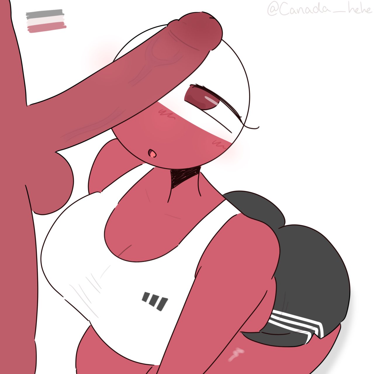 1boy, 1girls, big ass, big breasts, big penis, blush, countryhumans, countryhumans girl, kneeling, poland (countryhumans), red body, red eyes, red skin, shorts, topwear
