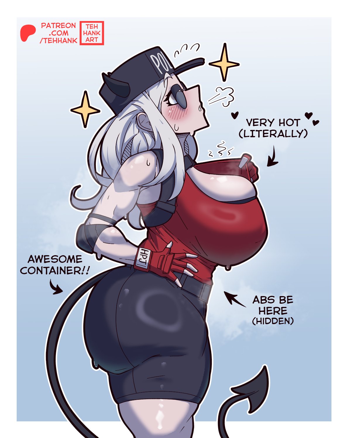 1girls, artist name, artist signature, big ass, big breasts, dat ass, demon girl, demon horns, demon tail, english text, evil container, helltaker, huge ass, huge breasts, justice (helltaker), musk, patreon, patreon logo, patreon url, steaming body, sunglasses, sweat, sweating, sweaty, tehhank, tinted eyewear, white hair
