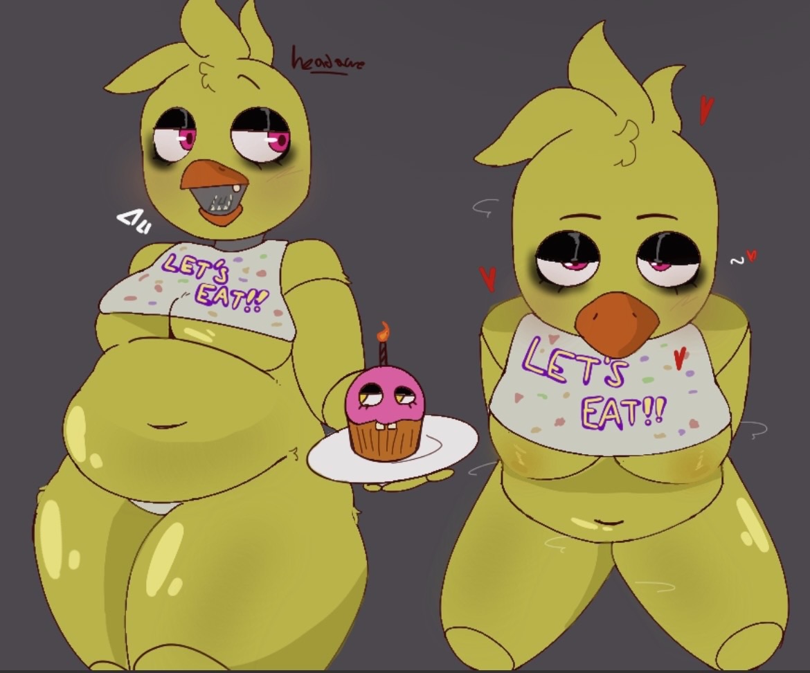 1girls, animatronic, animatronic female, anthro, areolae, beak, bedroom eyes, belly, bib, big belly, big breasts, big nipples, big thighs, bigger female, bird, blush, breasts, breasts out, chest, chica (fnaf), chubby, chubby female, classic chica (fnaf), cleavage, clothed, clothing, cupcake (fnaf), curvy, eyeshadow, fat belly, fat female, female, female focus, female only, five nights at freddy's, fluffy, fnaf, fur, furry, ghost nipples, gigantic breasts, grey background, head ache, heart, holding object, horror, huge breasts, looking at viewer, looking up, nipples, open mouth, panties, partially clothed, perspective, pink eyes, plain background, revealing clothes, robot, robot anthro, robot girl, robotic, scottgames, self upload, solo, squatting, steam, stomach, text, thick thighs, thighs, voluptuous, voluptuous female, watermark, wide hips, yellow body, yellow fur