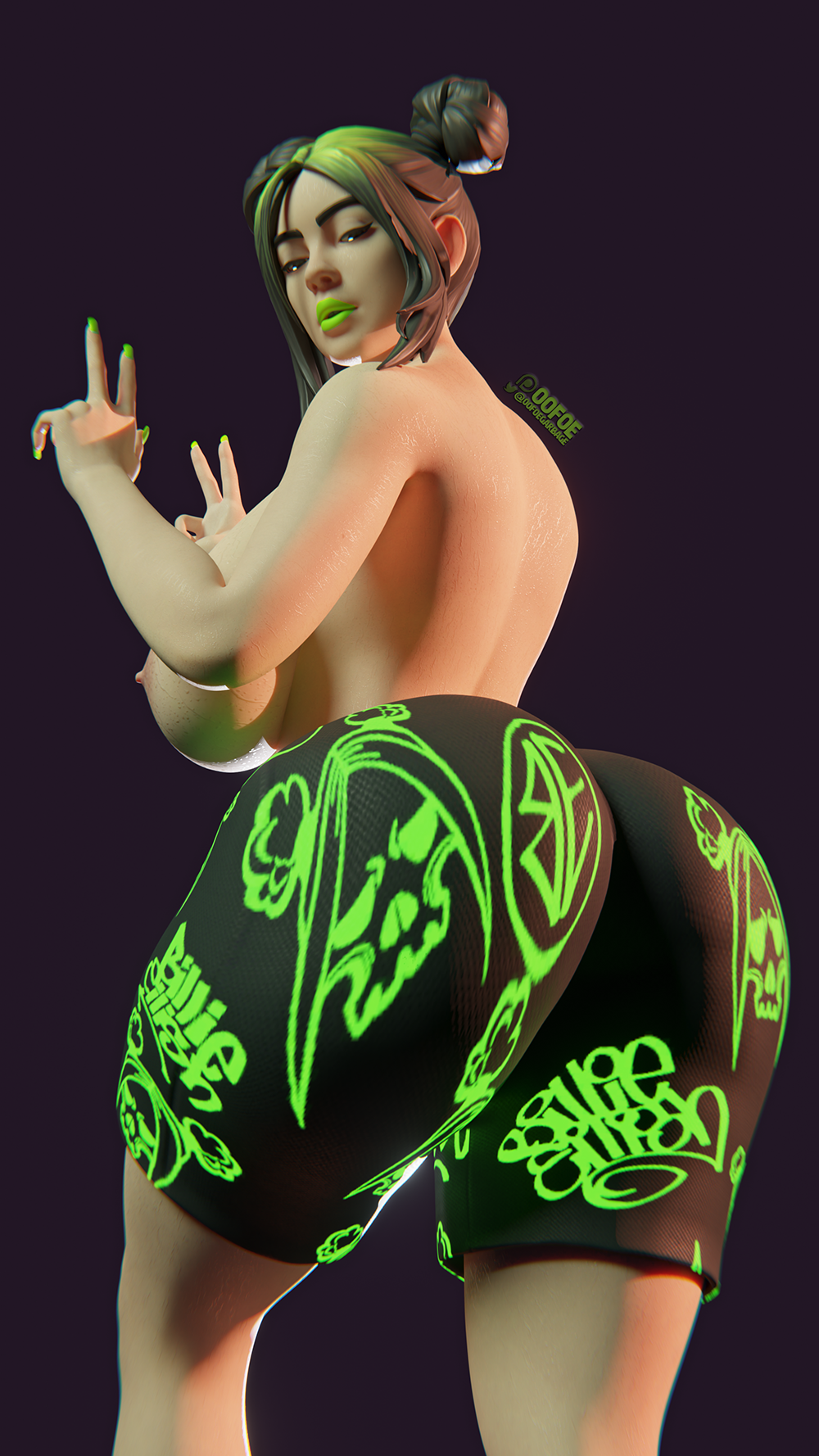 1girls, 3d, 3d (artwork), 3d model, 3d render, ass, ass focus, big breasts, billie eilish, billie eilish (fortnite), black hair, blender, blender (artwork), blender (software), blender cycles, celebrity, double peace sign, female, fortnite, fortnite: battle royale, green fingernails, green hair, green lips, green lipstick, green nail polish, green nails, hair buns, huge breasts, lipstick, looking at viewer, looking back, looking back at viewer, makeup, oofoe, peace sign, pinup, self upload, shorts, shorts only, solo, solo female, solo focus, sweat, sweaty, sweaty body, topless, topless female