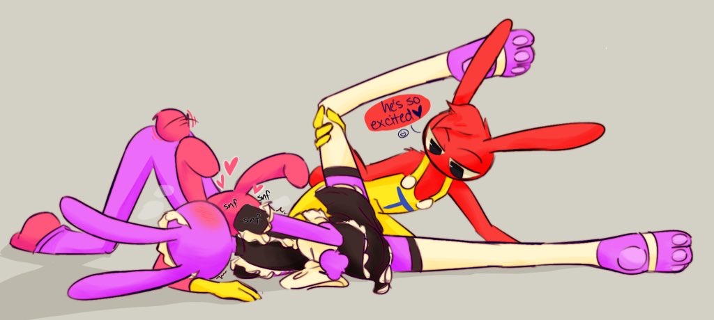 3boys, body worship, bunny boy, bunny ears, evil jax (the amazing digital circus), gay, gay male, ivymythi, jax (the amazing digital circus), maid headdress, maid jax (the amazing digital circus), maid outfit, maid uniform, panting, pink fur, prey, purple fur, red fur, sniffing, submissive male, the amazing digital circus, thomas (tadc), thomas (xploshi), threesome, xploshi