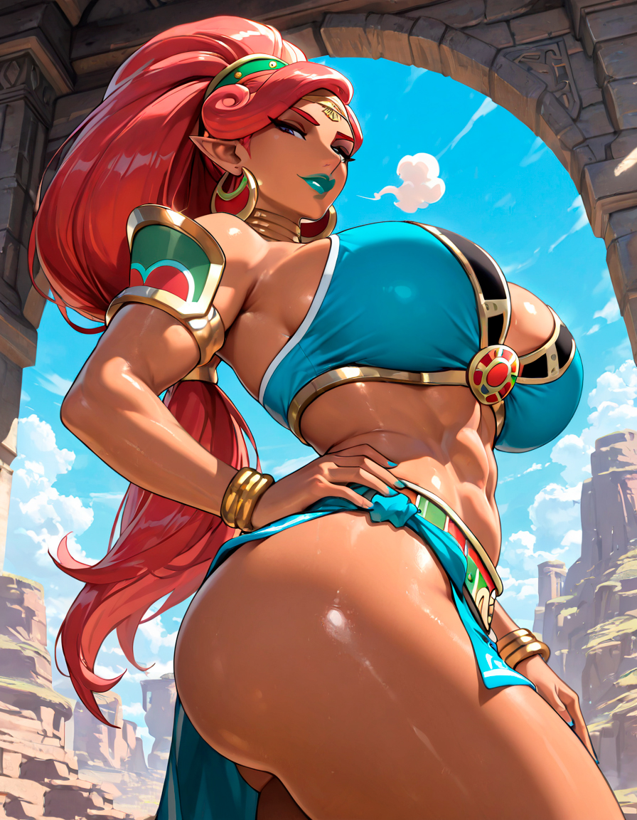 abs, ai generated, alpha female, amazon, big ass, big breasts, big girl, big woman, bigger female, breath of the wild, confident, curvy, curvy body, curvy female, curvy figure, curvy hips, dark skin, dominant, dominant female, female, female only, from below, from side, huge breasts, long hair, mature female, midriff, milf, mommy, nintendo, proud, red hair, revealing clothes, size difference, starlightnex, strong female, tan body, tan skin, the legend of zelda, thick, thick ass, thick hips, thick legs, thick lips, thick thighs, thigh highs, thighs, urbosa, warrior