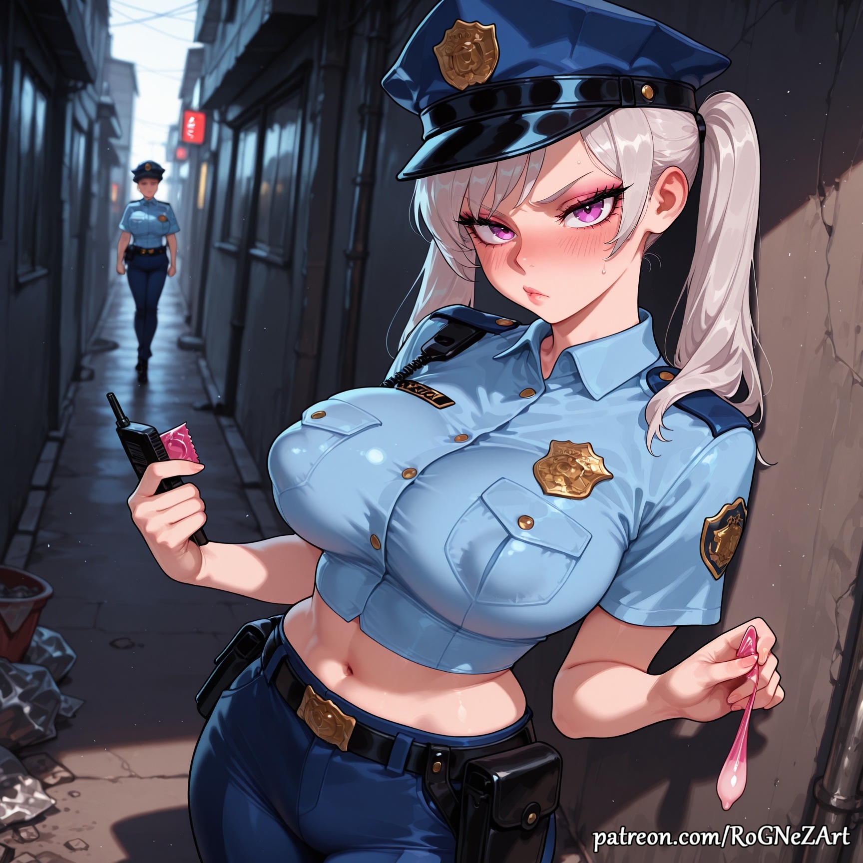 2025, 2girls, ai generated, alley, anime, bangs, belt, black clover, blue pants, blue shirt, blush, breast pocket, breasts, cleavage, closed mouth, collared shirt, condom, condom wrapper, covered nipples, crop top, crossover, eye contact, female, female focus, female only, flushed, grey hair, hat, highres, holding, holding condom, huge breasts, large breasts, long hair, looking at viewer, midriff, multiple girls, navel, neutral expression, noelle silva, nsfw, outdoors, pants, patreon, patreon username, pocket, police, police hat, police uniform, policewoman, pouch, purple eyes, road, rognezart, shirt, short hair, short sleeves, solo, solo focus, stomach, street, sweat, sweatdrop, sweaty, twintails, uniform, used condom, very long hair, walking, web address