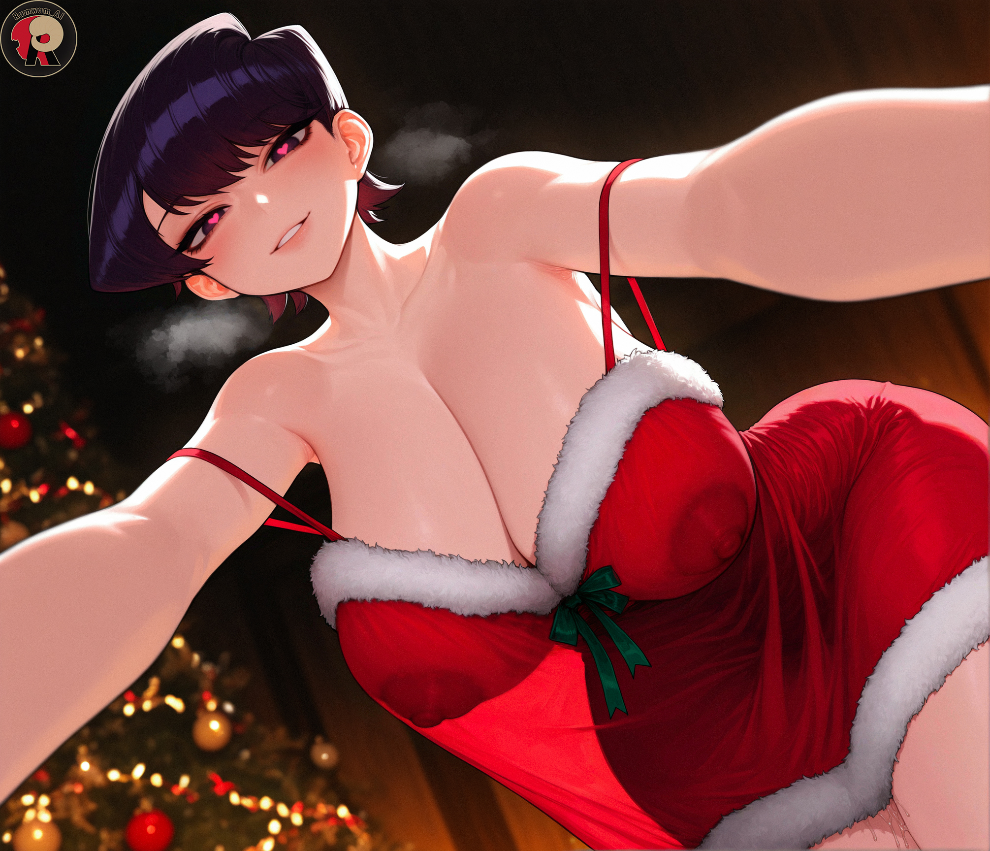 1girls, ai generated, bare shoulders, black hair, blush, breasts, christmas, christmas tree, cleavage, covered nipples, dress, female, huge breasts, komi shuuko, komi-san wa komyushou desu, looking at viewer, outstretched arm, purple eyes, ramwam, reaching out, red dress, short hair, smile, solo