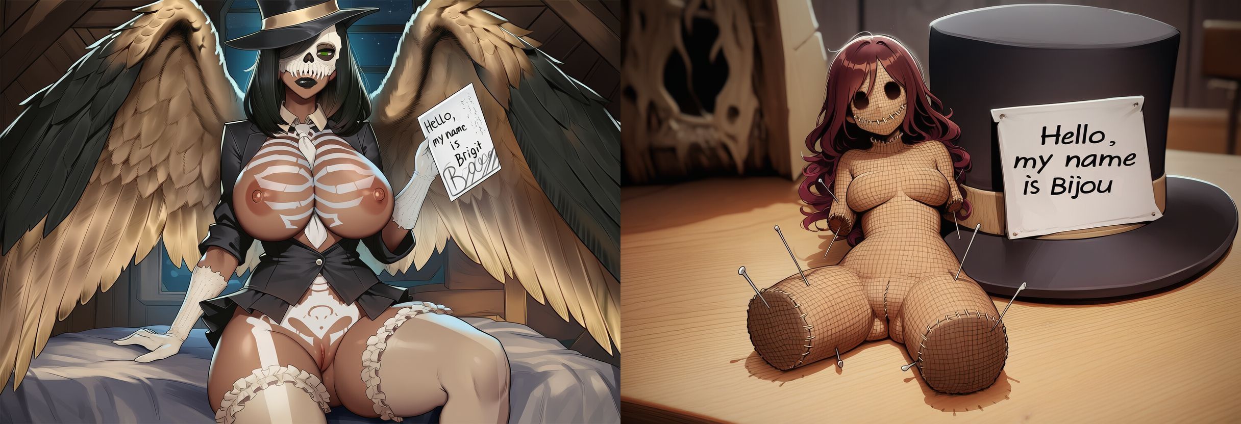 2girls, acupuncture, ai generated, amputee, bijou (paigen), bird girl, bird wings, black eyes, black hair, black lips, body paint, breasts, brigit (paigen), brown skin, burlap skin, clothed, collar, doll, female, full lips, gloves, green eyes, hat, hollow eyes, horror, horror (theme), huge breasts, large breasts, long hair, looking at viewer, mask, medium hair, minigirl, monster girl, needles, nipples, no arms, no eyes, no legs, original, original character, paigen, pins, pussy, quadruple amputee, red hair, sewn mouth, shirt, size difference, skeleton bodypaint, skirt, skull mask, small female, split screen, stitched mouth, stitches, thigh highs, tie, tie between breasts, tiny female, top hat, voodoo doll, wings