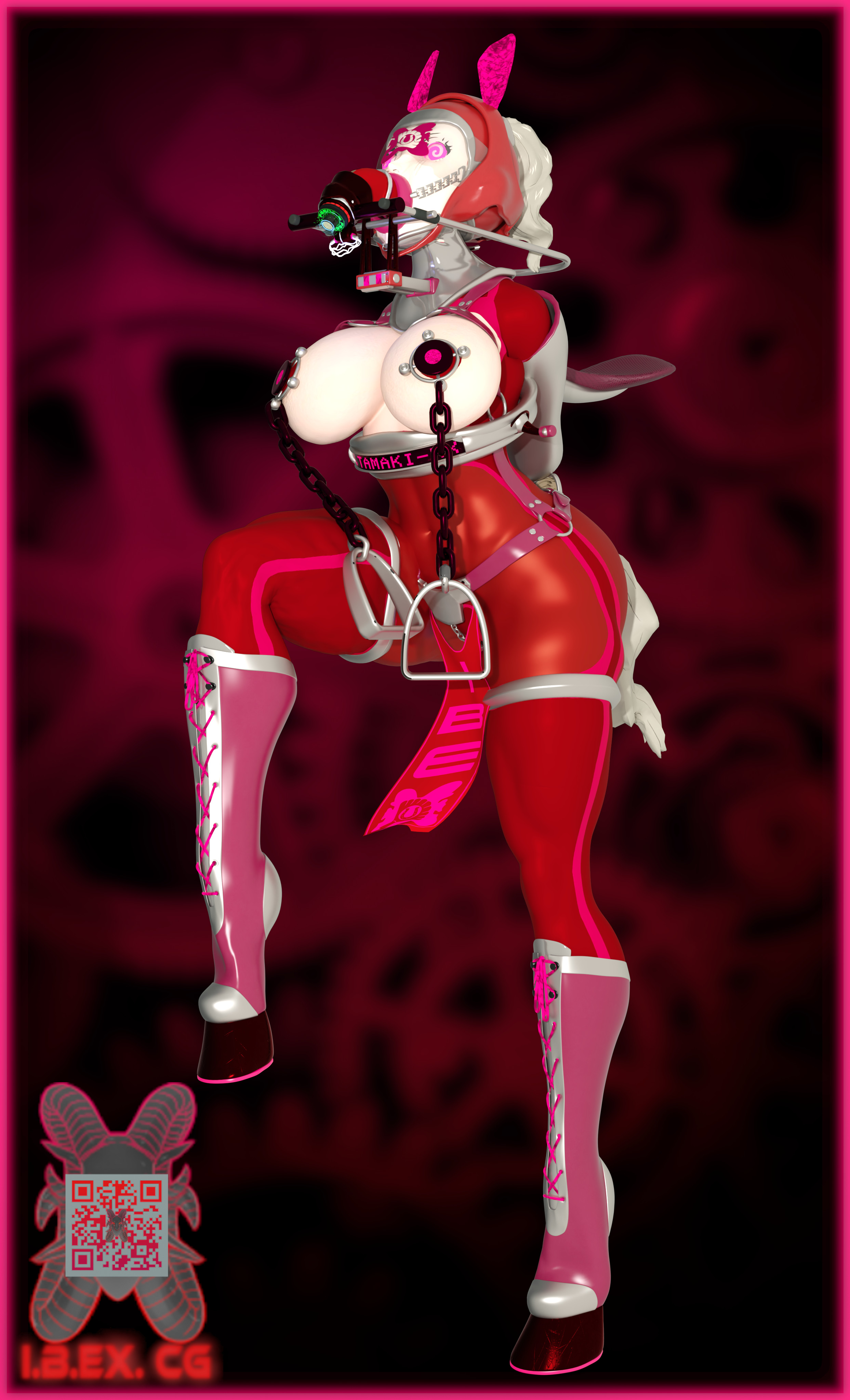 3d, 3d (artwork), ann takamaki, atlus, blonde hair, body modification, bondage, bondage outfit, brainwashed, brainwashing, bridle, bridlebitch (ibex), front view, high heels, hypnosis, hypnotic eyes, hypnotized, ibex (company), ibex-cg, mind break, mind broken, mind control, modification, mutilation, persona, persona 5, persona 5 royal, ponygirl, slave, slave girl, transformation