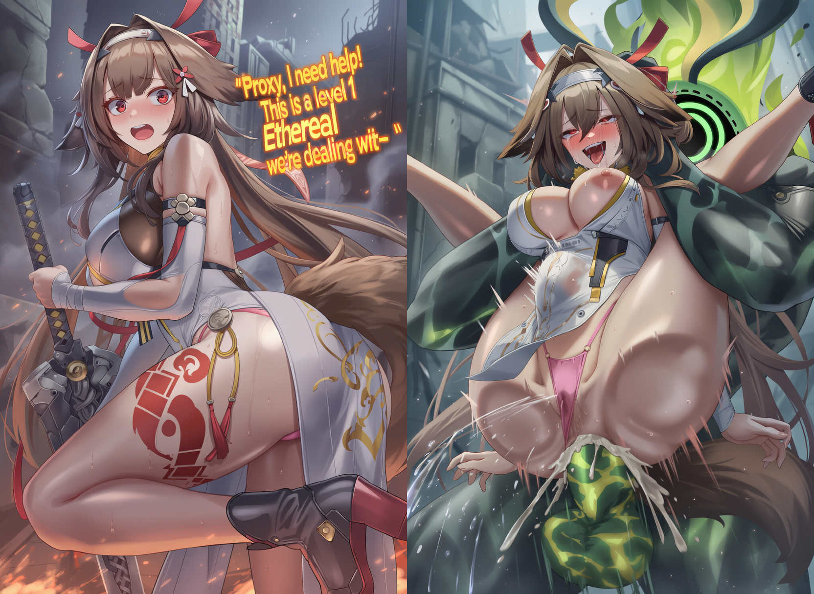 1boy, 1girls, after battle, ahe gao, ai generated, anal, anal sex, animal ears, animal girl, animal tail, anus, ass, balls, big balls, big butt, big dom small sub, big penis, blush, breast out, breasts, china dress, chinese clothes, clothed sex, clothing aside, covered pussy, crazy smile, crying, cum, cum in ass, cum inside, deep penetration, defeated, dialogue, drooling, english, english text, ethereal (zenless zone zero), excessive pussy juice, facing viewer, femsub, fucked silly, full nelson, full-face blush, half-closed eyes, highleg panties, hoyoverse, huge ass, huge penis, instant loss 2koma, interspecies, knees up, large insertion, large testicles, larger male, lifting person, looking pleasured, male/female, maledom, medium breasts, mind break, monster rape, motion blur, motion lines, naughty face, nipple slip, nipples, nokani, panties, pelvic curtain, pink panties, pussy juice, rape, raped by monster, reverse suspended congress, scared, secretly loves it, self upload, size difference, smaller female, spread legs, squirting, stomach bulge, straight, straight sex, streaming tears, talking, talking to viewer, testicles, text, thick thighs, tongue out, wide hips, wide-eyed, worried, ye shunguang, zenless zone zero