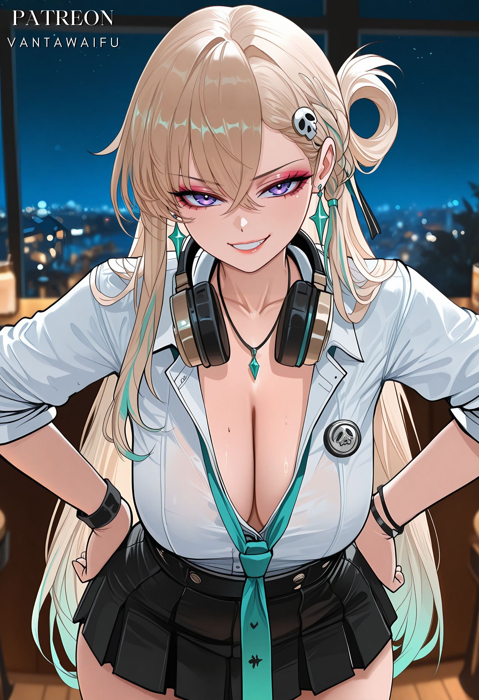 ai generated, aqua hair, aqua necktie, asymmetrical bangs, black clothes, black skirt, blonde hair, bracelet, braid, breasts, cleavage, clothing, collarbone, collared shirt, earrings, eyeshadow, female, gradient hair, grin, gyaru, hair between eyes, hair ornament, hands on own hips, headphones, headphones around neck, indoors, interracial, jewelry, kogal, large breasts, leaning forward, long hair, long sleeves, looking at viewer, loose necktie, lynae (wuthering waves), makeup, miniskirt, mole, mole on breast, multicolored hair, necklace, necktie, netorare, ntr, one side up, patreon username, pleated skirt, purple eyes, school uniform, shirt, skirt, sleeves rolled up, smile, solo, thighs, vantawaifu, very long hair, white shirt, wristband, wuthering waves