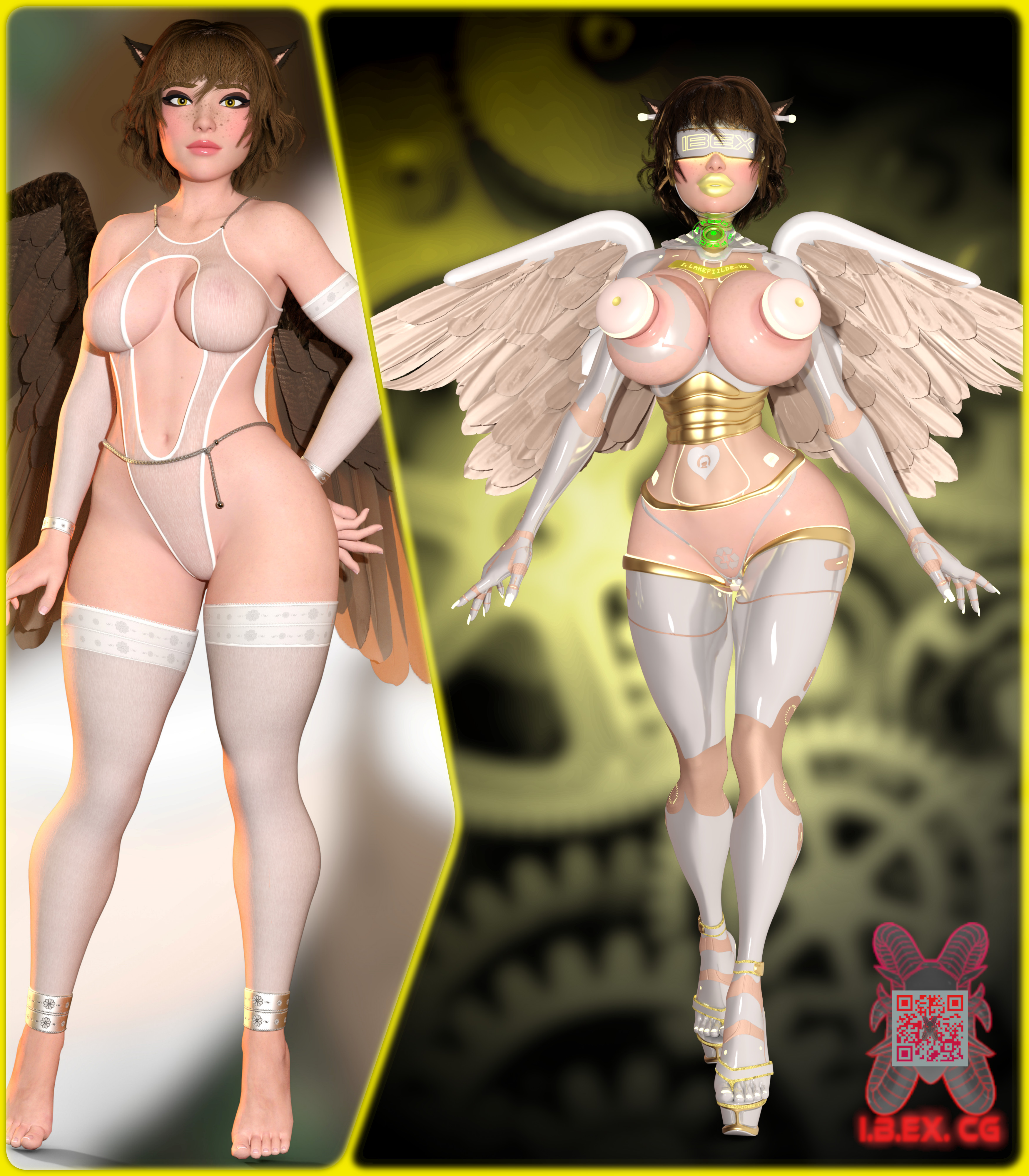 3d, 3d (artwork), angel, angel wings, barefoot, before and after, bimbo, bimbofication, body modification, bondage, brainwashed, brainwashing, dronification, high heels, hypnosis, ibex (company), ibex-cg, mind break, mind control, modification, mutilation, nipple holes, oc, original, original character, servoslut (ibex), slave, transformation, visor, visor (eyewear), wings