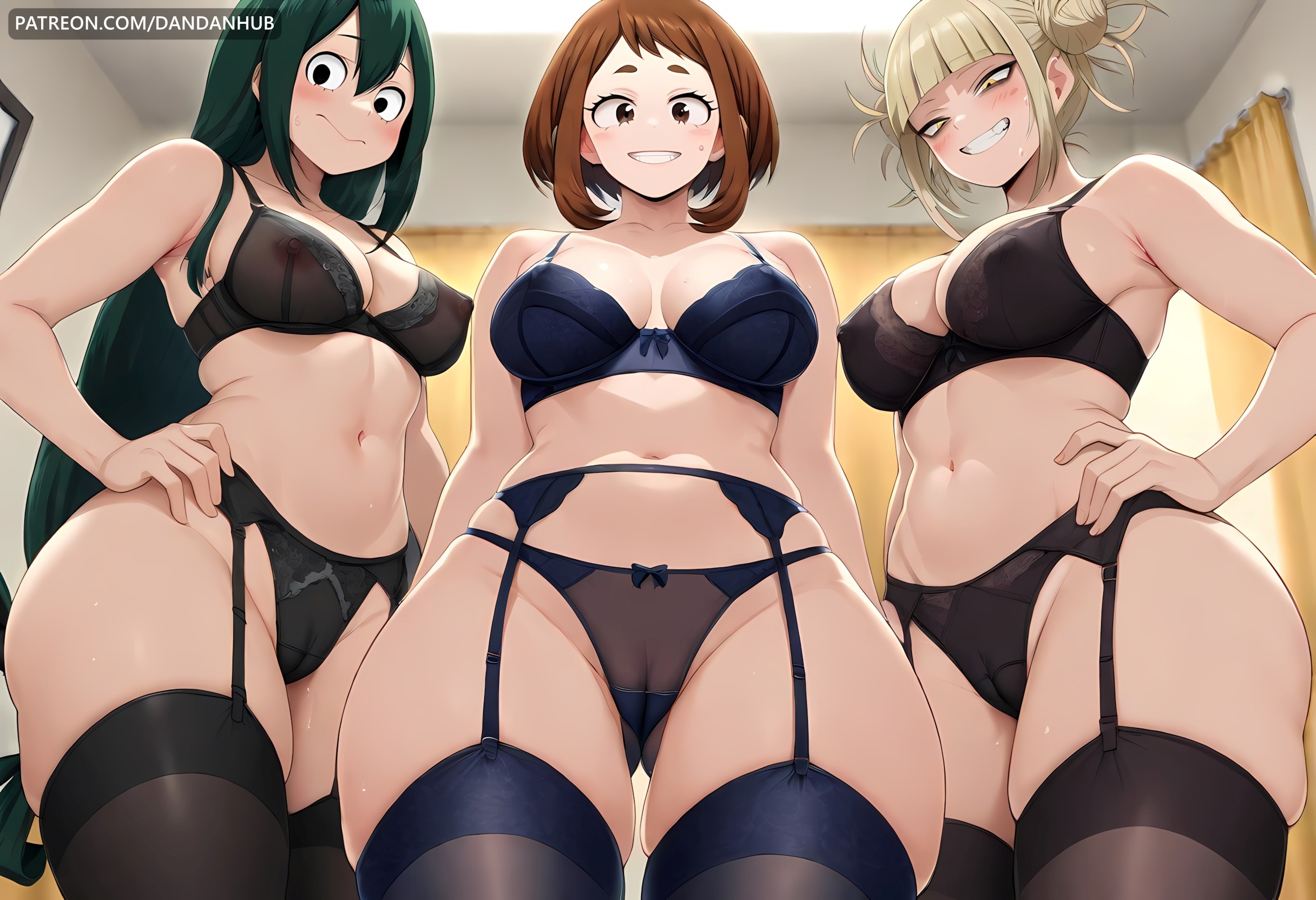 3girls, ai generated, asui tsuyu, bangs, bare shoulders, black bra, black panties, blonde hair, blonde-haired female, blue bra, blue panties, blunt bangs, blush, boku no hero academia, bra, breasts, brown eyes, brown hair, brown-haired female, cameltoe, cleavage, collarbone, covered nipples, curtains, dandanhub, double bun, female, female only, from below, garter belt, garter straps, green hair, green-haired female, grin, hair bun, hand on hip, himiko toga, indoors, large breasts, lingerie, long hair, looking at viewer, looking down, medium breasts, multiple girls, my hero academia, navel, nipples, ochako uraraka, panties, see-through, short hair, sidelocks, skindentation, smile, stomach, sweat, teeth, thick thighs, thighhighs, thighs, toga himiko, tsuyu asui, underwear, underwear only, uraraka ochako, very long hair, yellow eyes