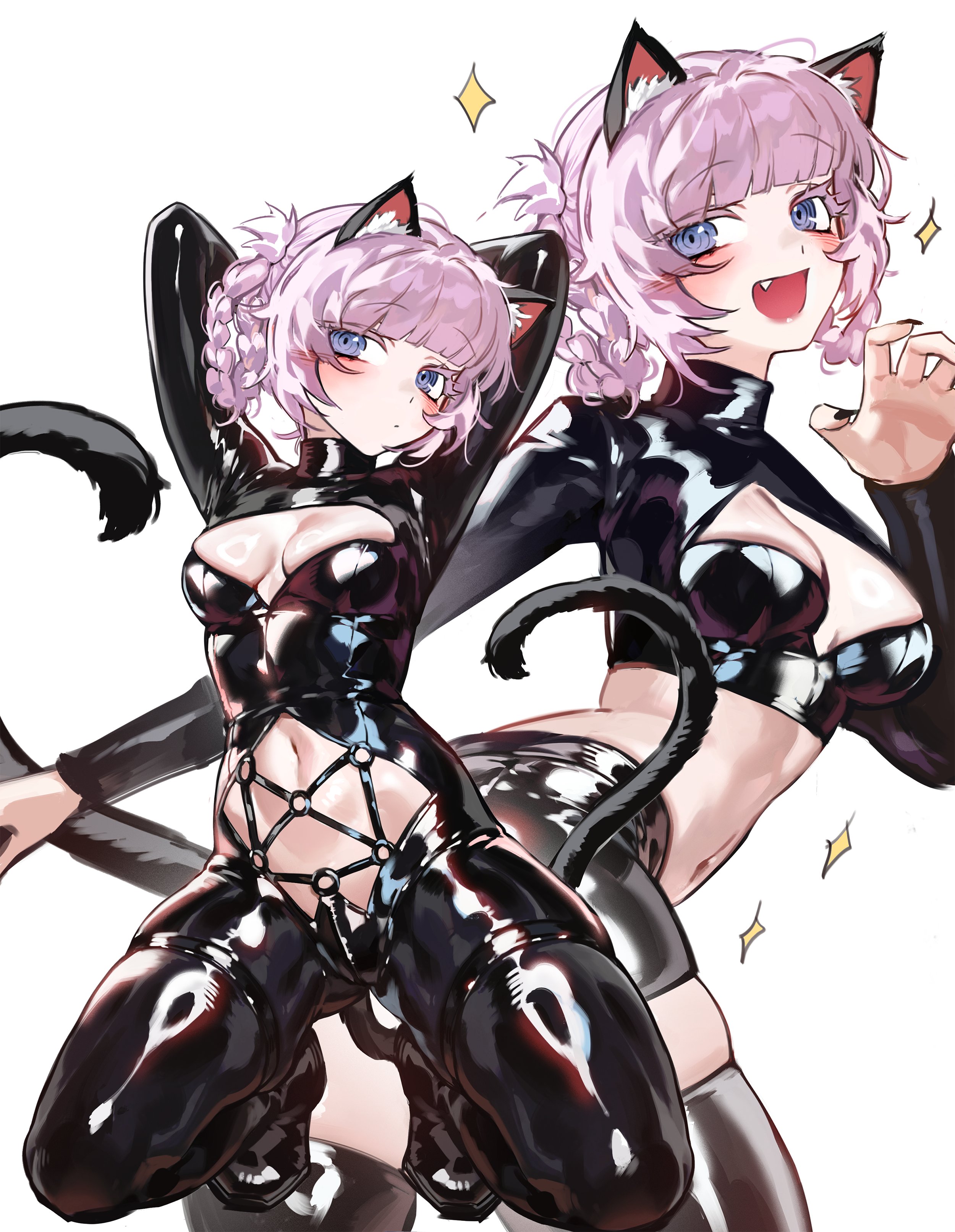 :/, 1girls, absurdres, animal ear fluff, animal ears, arms behind head, black bodysuit, black nails, black shorts, black thighhighs, blue eyes, blunt ends, blush, bodysuit, braid, braided hair rings, breasts, call of the night, cat ears, cat girl, cat tail, claw pose, cleavage cutout, clothing cutout, colored eyelashes, cowboy shot, crop top, female, female only, foolish potato, hair rings, highres, kemonomimi mode, kneeling, latex, latex bodysuit, long sleeves, looking at viewer, medium breasts, multiple views, nail polish, nanakusa nazuna, nanakusa nazuna (yofukashi no uta), navel, o-ring, oerba yun fang, open mouth, purple hair, ringed eyes, shiny clothes, shorts, simple background, skin tight, skindentation, smile, solo, standing, stomach cutout, tail, thick eyelashes, thigh strap, thighhighs, vampire, white background, yofukashi no uta