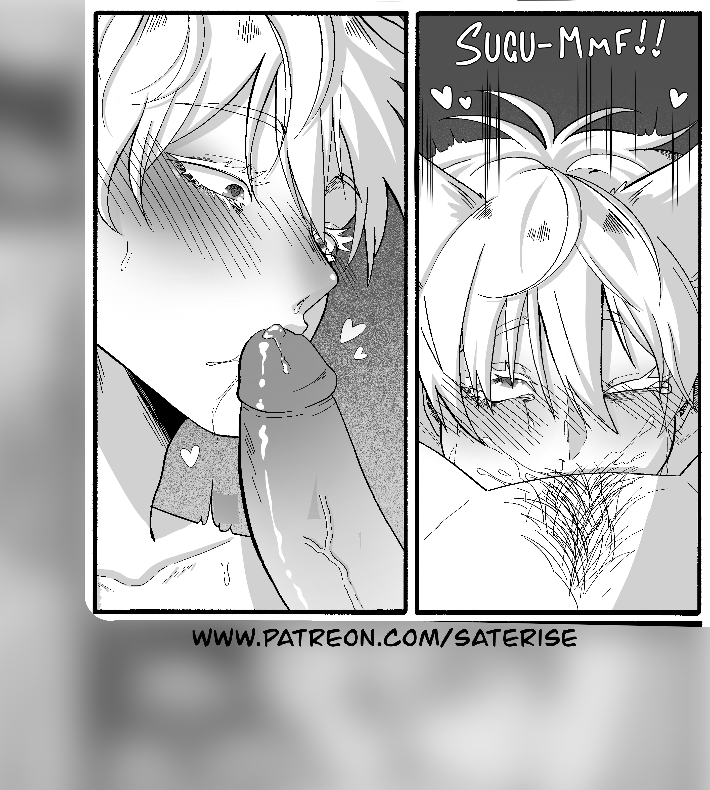 all the way to the base, big penis, black and white, blowjob, blowjob face, blush, blushing male, blushing profusely, cat ears, cock, comic, comic page, comic panel, deep blowjob, deepthroat, deepthroat no hands, desperation, dick, drooling, eager, eyes rolling back, forced oral, gay, gay blowjob, gay male, gay sex, happy trail, heart, heart-shaped pupils, hybrid, ick, jujutsu kaisen, kissing penis, male, male only, malesub, manga, manga page, my blue eyed king would never take dick, patreo, patreon, patreon reward, penis, pubic hair, saterise, satoru gojo, slander, submissive, submissive male, sucking, sucking penis, suguru geto, text, throat fuck, yaoi, your blue eyed king would absolutely take dick