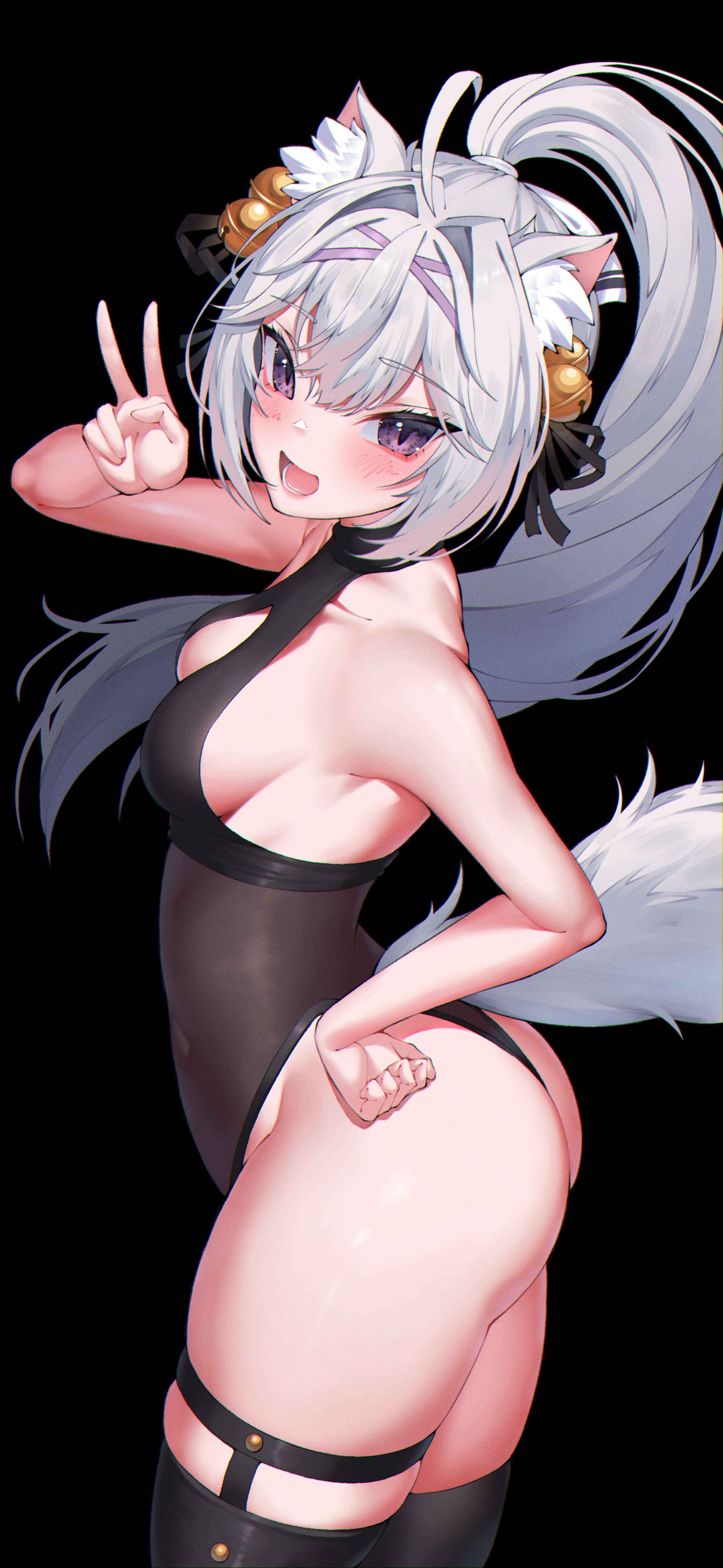absurdres, animal ear fluff, animal ears, ass, bell, black background, black leotard, black thighhighs, blush, brat, breasts, commission, covered navel, eyelashes, female, filian, filian (vtuber), hair bell, hair ornament, hair ribbon, hand on own hip, highres, himeliofon, indie virtual youtuber, leotard, long hair, open mouth, ponytail, purple ribbon, ribbon, rindo (vrchat), skindentation, small breasts, solo, tail, thick ass, thick thighs, thighhighs, thighs, v, virgin, virtual youtuber, white hair