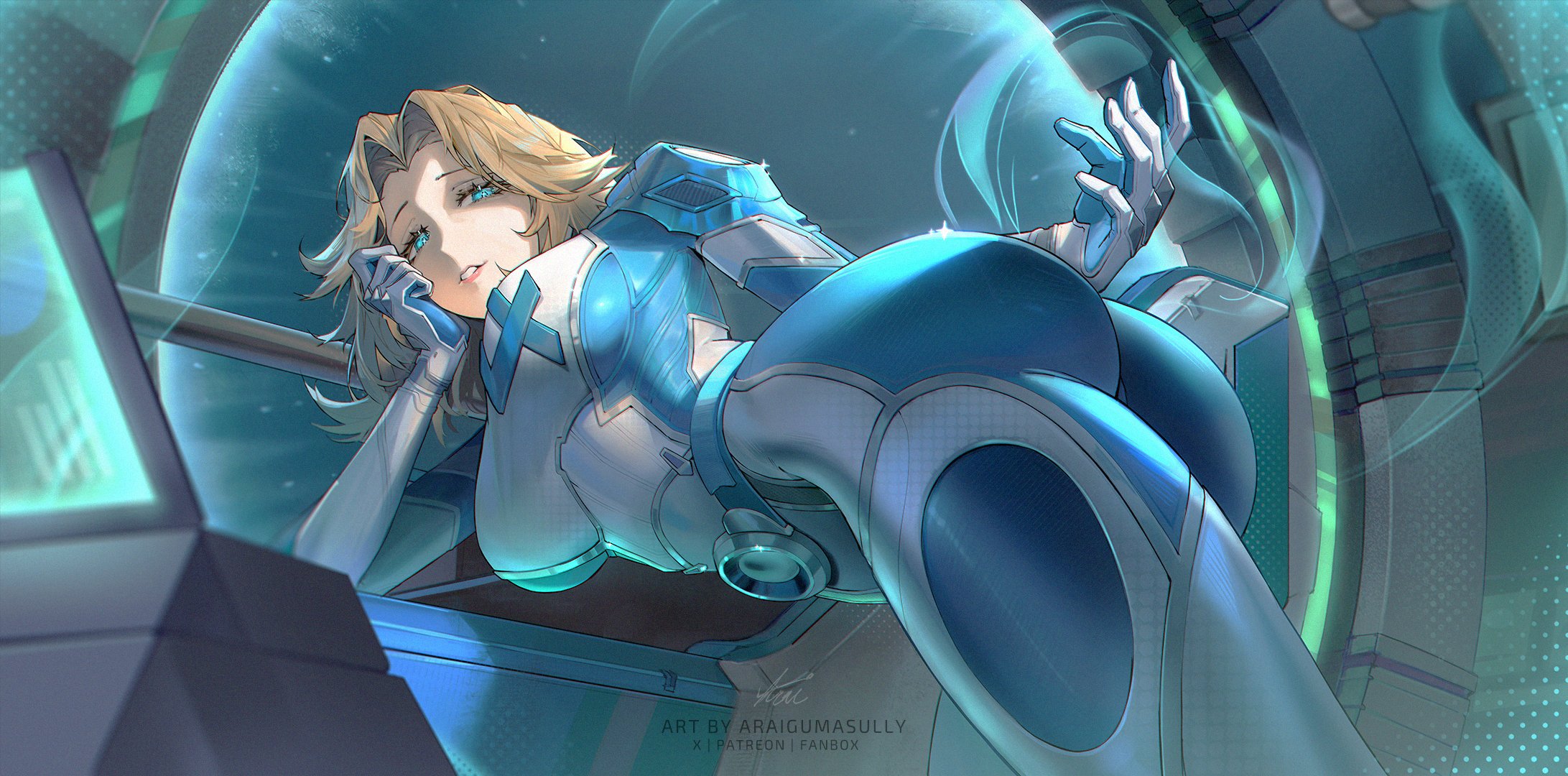 animification, araigumasully, ass, blonde hair, blue bodysuit, blue eyes, bodysuit, breasts, fantastic four, female, female only, highres, invisible woman, invisible woman (marvel rivals), long hair, looking at viewer, marvel, marvel rivals, smile, solo, sue storm, superhero costume, white bodysuit