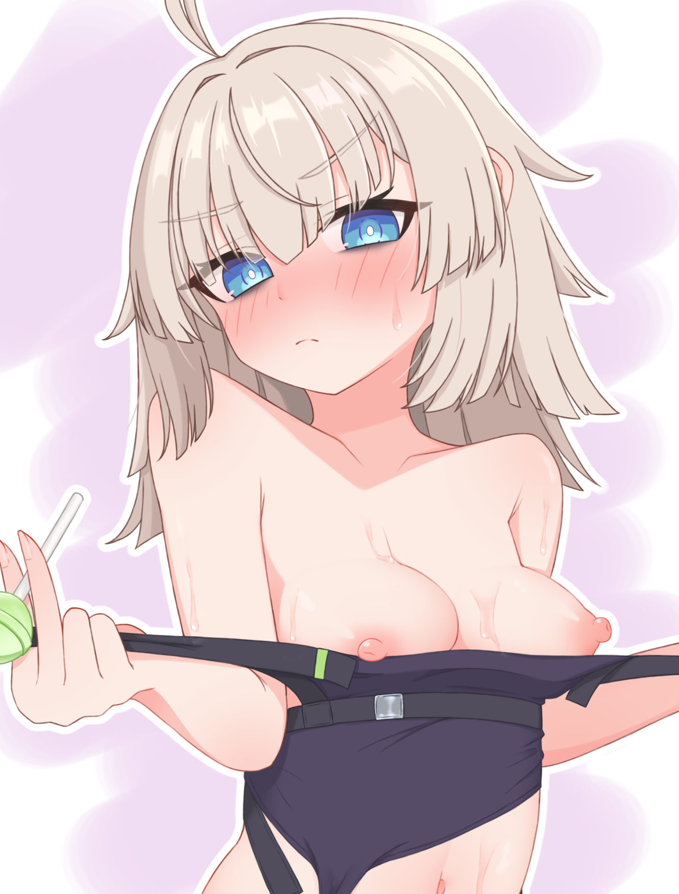 1girls, aa-12 (girls' frontline), ahoge, blonde hair, blue eyes, blush, breasts, breasts out, caligula d, closed mouth, clothing, clothing pull, female, female only, flashing, flashing breasts, frown, girls' frontline, girls' frontline 2: exilium, lind (girls' frontline 2), lollipop, long hair, looking at viewer, medium breasts, navel, nipples, sweat, sweatdrop, tank top, tank top pull, upper body